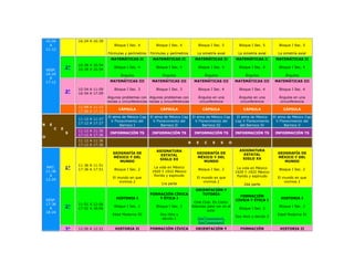 10:24             16:24 A 16:39
      A                                   Bloque I Sec. 4          Bloque I Sec. 4             Bloque I Sec. 5          Bloque I Sec. 5         Bloque I Sec. 5
    11:12
                                      Fórmulas y perímetros    Fórmulas y perímetros          La simetría axial        La simetría axial       La simetría axial
                                        MATEMÁTICAS II           MATEMÁTICAS II              MATEMÁTICAS II           MATEMÁTICAS II          MATEMÁTICAS II
                      10:39 A 10:54
                 2°   16:39 A 16:54
                                          Bloque I Sec. 4          Bloque I Sec. 4             Bloque I Sec. 4          Bloque I Sec. 4         Bloque I Sec. 4
    VESP.
    16:24                                    Ángulos                   Ángulos                    Ángulos                   Ángulos                Ángulos
      A
    17:12                              MATEMÁTICAS III          MATEMÁTICAS III             MATEMÁTICAS III           MATEMÁTICAS III         MATEMÁTICAS III

                      10:54 A 11:09       Bloque I Sec. 3          Bloque I Sec. 3             Bloque I Sec. 4          Bloque I Sec. 4         Bloque I Sec. 4
                 3°   16:54 A 17:09
                                      Algunos problemas con Algunos problemas con             Ángulos en una            Ángulos en una          Ángulos en una
                                      rectas y circunferencias rectas y circunferencias        circunferencia            circunferencia          circunferencia
                      11:09 A 11:12
                                            CÁPSULA                  CÁPSULA                     CÁPSULA                  CÁPSULA                 CÁPSULA
                      17:09 A 17:12
                                      El alma de México Cap    El alma de México Cap       El alma de México Cap       El alma de México     El alma de México Cap
                      11:12 A 11:27
                                        V Florecimiento del      V Florecimiento del         V Florecimiento del      Cap V Florecimiento      V Florecimiento del
R    E                17:12 A 17:27
                                             Barroco I                Barroco II                 Barroco III             del Barroco IV             Barroco V
         C   E
                      11:12 A 11:36
                 S                     INFORMACIÓN TS           INFORMACIÓN TS              INFORMACIÓN TS            INFORMACIÓN TS          INFORMACIÓN TS
                      17:12 A 17:36
O
                      11:12 A 11:36
                                                                                       R     E    C    E    S     O
                      17:12 A 17:36
                                                                   ASIGNATURA                                           ASIGNATURA
                                         GEOGRAFÍA DE                                         GEOGRAFÍA DE                ESTATAL              GEOGRAFÍA DE
                                                                     ESTATAL
                                         MÉXICO Y DEL                                         MÉXICO Y DEL               SIGLO XX              MÉXICO Y DEL
                                                                    SIGLO XX
                                            MUNDO                                                MUNDO                                            MUNDO
                      11:36 A 11:51
    MAT.         1°   17:36 A 17:51       Bloque I Sec. 2
                                                                 La vida en México
                                                                                               Bloque I Sec. 2         La vida en México        Bloque I Sec. 2
    11:36                                                       1920 Y 1922 México                                    1920 Y 1922 México
      A                                                          florido y espinudo                                    florido y espinudo
                                         El mundo en que                                      El mundo en que                                  El mundo en que
    12:24
                                             vivimos 2                                            vivimos 2                                        vivimos 2
                                                                      1ra parte                                            2da parte
                                                                                             ORIENTACIÓN Y
                                                               FORMACIÓN CÍVICA                 TUTORÍA
                                                                                                                        FORMACIÓN
                                           HISTORIA I              Y ÉTICA I                                                                     HISTORIA I
    VESP.                                                                                                             CÍVICA Y ÉTICA I
                                                                                            Cine Club. En Corto:
    17:36             11:51 A 12:06
      A          2°   17:51 A 18:06
                                          Bloque I Sec. 2          Bloque I Sec. 2         historias para ver en el
                                                                                                                        Bloque I Sec. 2
                                                                                                                                                Bloque I Sec. 2
                                                                                                     aula:
    18:24
                                         Edad Moderna III            Soy libre y                                                               Edad Moderna IV
                                                                                                                      Soy libre y decido 2
                                                                      decido 1                SeeTosaasaanil,
                                                                                              SeeTosaasaanil
                 3°   12:06 A 12:21       HISTORIA II          FORMACIÓN CÍVICA              ORIENTACIÓN Y               FORMACIÓN              HISTORIA II
 