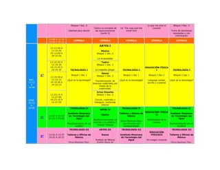 Bloque I Sec. 2                                                           Lo que me dice el       Bloque I Sec. 2
                                                      Teatro La comedia de      14. The rose and the           corazón
                             Libertad para decidir     las equivocaciones            small bird                                 Toma de decisiones
                                                            (parte 3)                                                            razonadas y con
                                                                                                                                   información
             13:09 A 13:12
                                   CÁPSULA                  CÁPSULA                  CÁPSULA                  CÁPSULA                CÁPSULA
             19:09 A 19:12
                                                            ARTES I
              13:12:00 A
               13:15:45                                      Música
              19:12:00 A                                 Bloque 1 Sec. 2
               19:15:45
                                                          La musicalidad
              13:15:45 A                                     Teatro
               13:19:30                                  Bloque 1 Sec. 2
              19:15:45 A                                                                                 EDUCACIÓN FÍSICA
               19:19:30         TECNOLOGÍA I            La tragedia griega.       TECNOLOGÍA I                  I                 TECNOLOGÍA I
                                                             Danza
        1°                      Bloque 1 Sec 1           Bloque 1 Sec. 2           Bloque 1 Sec 1          Bloque 1 Sec 2         Bloque 1 Sec 1
              13:19:30 A
MAT.           13:23:15      ¿Qué es la tecnología?                             ¿Qué es la tecnología?    Lenguaje verbal,     ¿Qué es la tecnología?
                                                         Transformación de
13:12         19:19.30 A                                                                                  escrito y corporal
                                                      diversos materiales por
  A            19:23:15
                                                            medio de la
14:00
                                                            creatividad.
                                                         Artes Visuales
              13:23:15 A                                 Bloque 1 Sec. 2
               13:27:00
VESP.         19:23:15 A                               Círculo, cuadrado y
19:12          19:27:00                                triángulo, contornos
  A                                                          básicos
20:00                          TECNOLOGÍA II                                      TECNOLOGÍA II                                  TECNOLOGÍA II
                                                            ARTES II
                                                                                                      EDUCACIÓN FÍSICA
                             Instituto Mexicano                                 Talleres y Oficios de                          Instituto Mexicano
                                                             Música                                          II
             13:27 A 13:42    de Tecnología del                                        México                                   de Tecnología del
        2°   19:27 A 19:42          Agua                                                                                              Agua
                                                      Nuestras canciones La                               Metodología de la
                                                                                Silvia Martínez Díaz.
                                                      canción y la palabra /                                  carrera
                             Funcionamiento de un                                 Las ofrendas del                             Funcionamiento de un
                                                         Vereda Trópical
                                    acuífero                                       Zempoantépetl                                     acuífero
                              TECNOLOGÍA III                ARTES III            TECNOLOGÍA III                                 TECNOLOGÍA III
                                                                                                            EDUCACIÓN
             13:42 A 13:57   Talleres y Oficios de            Danza             Instituto Mexicano           FÍSICAIII         Talleres y Oficios de
        3°   19:42 A 19:57          México                                       de Tecnología del                                    México
                                                        Pueblos de México              Agua               Mi imagen corporal
                              Silvia Martínez Díaz.      Pueblo Maya de                                                         Silvia Martínez Díaz.
 