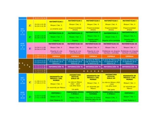 16:21 A 16:34
                                                                  MATEMÁTICAS I            MATEMÁTICAS I              MATEMÁTICAS I         MATEMÁTICAS I
                                        MATEMÁTICAS I
                      10:24 A 10:39                                Bloque I Sec. 6          Bloque I Sec. 6            Bloque I Sec. 6       Bloque I Sec. 6
                 1°   16:24 A 16:39
                                          Bloque I Sec. 5
                                                                  Proporcionalidad          Proporcionalidad           Proporcionalidad      Proporcionalidad
    MAT.                                 La simetría axial
                                                                      directa                   directa                    directa               directa
    10:24
      A                                                                                   MATEMÁTICAS II                                    MATEMÁTICAS II
                                        MATEMÁTICAS II           MATEMÁTICAS II                                       MATEMÁTICAS II
    11:12
                      10:39 A 10:54                                                         Bloque I Sec. 6                                  Bloque I Sec. 6
                 2°   16:39 A 16:54
                                          Bloque I Sec. 5          Bloque I Sec. 5                                     Bloque I Sec. 6
                                                                                             Ángulos entre                                    Ángulos entre
                                             Ángulos                  Ángulos                                     Ángulos entre paralelas
                                                                                               paralelas                                        paralelas
    VESP.                              MATEMÁTICAS III           MATEMÁTICAS III          MATEMÁTICAS III             MATEMÁTICAS III       MATEMÁTICAS III
    16:24
      A               10:54 A 11:09       Bloque I Sec. 4          Bloque I Sec. 4          Bloque I Sec. 4            Bloque I Sec. 4       Bloque I Sec. 4
    17:12        3°   16:54 A 17:09
                                          Ángulos en una           Ángulos en una           Ángulos en una        Problemas con ángulos Problemas con ángulos
                                           circunferencia           circunferencia           circunferencia        inscritos y centrales inscritos y centrales
                      11:09 A 11:12
                                            CÁPSULA                  CÁPSULA                    CÁPSULA                   CÁPSULA               CÁPSULA
                      17:09 A 17:12
                                      El alma de México Cap     El alma de México Cap      El alma de México      El alma de México Cap El alma de México Cap
                      11:12 A 11:27
                                        VI Esplendor de la        VI Esplendor de la      Cap VI Esplendor de       VI Esplendor de la    VI Esplendor de la
R    E                17:12 A 17:27
                                            Reforma I                 Reforma II             la Reforma III             Reforma IV            Reforma V
         C   E
                      11:12 A 11:36
                 S                     INFORMACIÓN TS            INFORMACIÓN TS           INFORMACIÓN TS              INFORMACIÓN TS        INFORMACIÓN TS
                      17:12 A 17:36
O
                      11:12 A 11:36
                                                                                      R     E    C    E    S      O
                      17:12 A 17:36
                                                                   ASIGNATURA                                          ASIGNATURA
                                                                                           GEOGRAFÍA DE                  ESTATAL             GEOGRAFÍA DE
                                         GEOGRAFÍA DE                ESTATAL
    MAT.                                                                                   MÉXICO Y DEL                 SIGLO XX             MÉXICO Y DEL
                                         MÉXICO Y DEL               SIGLO XX
    11:36                                                                                     MUNDO                                             MUNDO
                                            MUNDO
      A               11:36 A 11:51
                 1°   17:36 A 17:51
                                                                  La vida en México
                                                                                            Bloque I Sec. 3       La vida en México 1922     Bloque I Sec. 3
    12:24                                 Bloque I Sec. 3            1922 - 1924                                           - 1924
                                                                   Los años locos                                      Los años locos
                                                                                            Un recorrido por                                 Un recorrido por
                                      Un recorrido por México
                                                                                                México                                           México
                                                                      1ra parte                                           2da parte
    VESP.                                                       FORMACIÓN CÍVICA           ORIENTACIÓN Y          FORMACIÓN CÍVICA
                                           HISTORIA I                                                                                         HISTORIA I
    17:36                                                           Y ÉTICA I                 TUTORÍA                 Y ÉTICA I
      A               11:51 A 12:06
                 2°   17:51 A 18:06
                                          Bloque I Sec. 2
                                                                   Bloque I Sec. 2        Cine Club. En Corto:         Bloque I Sec. 3
                                                                                                                                             Bloque I Sec. 3
    18:24
                                                                                          historias para ver en
                                         Edad Moderna IV                                                                                     Edad Moderna V
                                                                     Soy libre y                 el aula:              Normas para la
 
