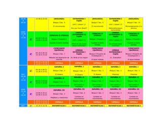 08:48        14:48 A 15:03         (BIOLOGÍA)              EXTRANJERA I            (BIOLOGÍA)          EXTRANJERA I          (BIOLOGÍA)
  A                                                           Inglés                                      Inglés
09:36                             Bloque I Sec. 9                                 Bloque I Sec. 9                           Bloque I Sec. 10
                                                          Unit 1 Lesson 13                             Unit 1 Lesson 15
                                  El micromundo                                   El micromundo                           Microorganismos a tu
                                                         Are you from Brazil?                          Nationalitymeans         servicio
                                                                                                         nacionalidad
VESP.                                                        LENGUA                                       LENGUA
14:48                                                                              CIENCIAS II                               CIENCIAS II
                                                          EXTRANJERA II                                EXTRANJERA II
  A                          CIENCIAS II (FÍSICA)                                   (FÍSICA)                                  (FÍSICA)
                                                              Inglés                                       Inglés
15:36        09:03 A 09:18
        2°   15:03 A 15:18
                                Bloque I Proyecto 1
                                                          Unit 1 Lesson 13
                                                                                Bloque I Proyecto 1
                                                                                                       Unit 1 Lesson 15
                                                                                                                          Bloque I Proyecto 1

                              Cuando la tierra tiembla                            Cuando la tierra                          Cuando la tierra
                                                         What do you know                              Do animals have
                                                                                     tiembla                                   tiembla
                                                         about seahorses?                                 routines?
                                  CIENCIASIII                                      CIENCIASIII                               CIENCIASIII
                                   (QUÍMICA)                  LENGUA                (QUÍMICA)             LENGUA              (QUÍMICA)
                                                           EXTRANJERA I                                EXTRANJERA I
             09:18 A 09:33
        3°   15:18 A 15:33
                                  Bloque I Sec. 7              Inglés           Bloque I Proyecto de       Inglés         Bloque I Proyecto de
                                                                                   Investigación 1                           Investigación 1
                             Métodos de separación de 19. Birds of my region                            21. Evaluation
                                     mezclas                                      El agua tratada                           El agua tratada
             09:33 A 09:36
                                    CÁPSULA                  CÁPSULA                 CÁPSULA              CÁPSULA              CÁPSULA
             15:33 A 15:36
                                   ESPAÑOL I                 ESPAÑOL I              ESPAÑOL I            ESPAÑOL I            ESPAÑOL I
             09:36 A 09:51
        1°   15:36 A 15:51
                                  Bloque I Sec. 3          Bloque I Sec. 3        Bloque I Sec. 3       Bloque I Sec. 3     Bloque I Sec. 3

MAT.                                 El diosero               El diosero             El diosero            Historias           Historias
09:36
                                                            ESPAÑOL II             ESPAÑOL II           ESPAÑOL II           ESPAÑOL II
  A                                ESPAÑOL II
10:24
             09:51 A 10:06                                 Bloque I Sec. 3        Bloque I Sec. 3      Bloque I Sec. 3      Bloque I Sec. 3
        2°   15:51 A 16:06
                                  Bloque I Sec. 3
                                                            Del cuento al          Del cuento al         Del cuento al       Del cuento al
                             Cuentos centroamericanos
                                                             encuentro              encuentro             encuentro           encuentro
VESP.                                                      ESPAÑOL III             ESPAÑOL III          ESPAÑOL III          ESPAÑOL III
                                  ESPAÑOL III
15:36
  A          10:06 A 10:21                                 Bloque I Sec. 3        Bloque I Sec. 3       Bloque I Sec. 3     Bloque I Sec. 3
        3°   16:06 A 16:21
                                  Bloque I Sec. 3
16:24
                                                            Carteles en            Carteles en           Carteles en          Carteles en
                               Metáfora y metonimia
                                                            movimientos            movimientos           movimientos          movimientos
             10:21 A 10:24
                                    CÁPSULA                  CÁPSULA                 CÁPSULA              CÁPSULA              CÁPSULA
             16:21 A 16:34
MAT.    1°   10:24 A 10:39       MATEMÁTICAS I            MATEMÁTICAS I          MATEMÁTICAS I         MATEMÁTICAS I       MATEMÁTICAS I
 