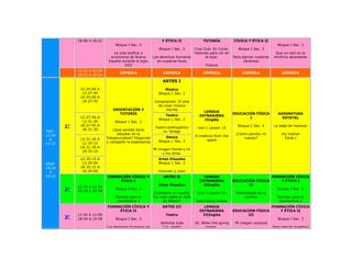 18:06 A 18:21                                     Y ÉTICA II                TUTORÍA            CÍVICA Y ÉTICA II
                                  Bloque I Sec. 3                                                                                     Bloque I Sec. 3
                                                             Bloque I Sec. 3        Cine Club. En Corto:       Bloque I Sec. 3
                                 La vida política y                                 historias para ver en                             Que yo nací en la
                               económica de Nueva         Los derechos humanos             el aula:         Para ejercer nuestros    América abundante
                              España durante el siglo       en nuestras leyes                                     derechos
                                       XVII                                               Praznik
             12:21 A 12:24
                                    CÁPSULA                     CÁPSULA                  CÁPSULA                 CÁPSULA                 CÁPSULA
             18:21 A 18:24
                                                                ARTES I
              12:24:00 A                                         Música
               12:27:45                                      Bloque 1 Sec. 2
              18:24:00 A
               18:27:45                                    Composición: El arte
                                                             de crear música
                                 ORIENTACIÓN Y                    escrita
                                                                                         LENGUA
                                    TUTORÍA                      Teatro                                     EDUCACIÓN FÍSICA           ASIGNATURA
              12:27:45 A                                                               EXTRANJERA
                                                             Bloque 1 Sec. 2                                       I                     ESTATAL
               12:31:30                                                                  IInglés
                                  Bloque 1 Sec. 2
        1°    18:27:45 A                                                                                      Bloque 1 Sec. 4       La edad de merecer
                                                           Teatro prehispánico       Unit 1 Lesson 14
               18:31:30          ¿Qué sentido tiene
MAT.                                                           vs. Griego
12:24                              estudiar en la                                                            ¿Cómo percibo mi            ¡Ay mamá!
                                                                 Danza              A creature from the
  A           12:31:30 A     Telesecundaria? Organizar                                                           cuerpo?                   Parte I
                                                             Bloque 1 Sec. 3               space
13:12          12:35:15      y compartir la experiencia
              18:31:30 A
                                                          Mi imagen frente a mí
               18:35:15
                                                               y los otros.
              12:35:15 A                                     Artes Visuales
VESP.          12:39:00                                      Bloque 1 Sec. 2
18:24         18:35:15 A
  A            18:39:00                                      Volumen y color
19:12                        FORMACIÓN CÍVICA Y                 ARTES II                 LENGUA                                     FORMACIÓN CÍVICA
                                  ÉTICA I                                              EXTRANJERA           EDUCACIÓN FÍSICA            Y ÉTICA I
                                                             Artes Visuales              IIInglés                  II
             12:39 A 12:54
        2°   18:39 A 18:54
                                  Bloque I Sec. 3                                                                                     Bloque I Sec. 3
                                                           Cuéntame un cuadro         Unit 1 Lesson 14       Metodología de la
                                  Normas para la          "La nube sobre el valle                                carrera              Normas para la
                                   convivencia 1                de México"           Learnabout koalas                                 convivencia 2
                             FORMACIÓN CÍVICA Y                ARTES III                 LENGUA                                     FORMACIÓN CÍVICA
                                  ÉTICA II                                             EXTRANJERA           EDUCACIÓN FÍSICA           Y ÉTICA II
             12:54 A 13:09                                       Teatro                 IIIInglés                 III
        3°   18:54 A 19:09        Bloque I Sec. 3                                                                                     Bloque I Sec. 3
                                                              Señorita Julia        20. When the spring      Mi imagen corporal
                             Los derechos humanos en           (1a. parte)               comes…                                     Para ejercer nuestros
 