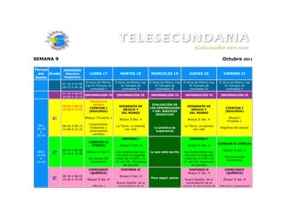 SEMANA 9                                                                                                                           Octubre         2011


Tiempo         HORARIO
  por  Grado     Matutino         LUNES 17              MARTES 18              MIERCOLES 19               JUEVES 20                 VIERNES 21
Sesión          Vespertino
                               El alma de México     El alma de México Cap    El alma de México Cap   El alma de México Cap      El alma de México Cap
               07:30 A 07:45
                               Cap IX Tiempos de          IX Tiempos de            IX Tiempos de           IX Tiempos de              IX Tiempos de
               20:15 A 20:30
                                  contrastes I             contrastes II           contrastes III           contrastes IV              contrastes V
               07:45 A 08:00
                             INFORMACIÓN TS           INFORMACIÓN TS           INFORMACIÓN TS           INFORMACIÓN TS            INFORMACIÓN TS
               20:00 A 20:15
                                 Honores a la
                                   bandera                                     EVALUACIÓN DE
               08:00 A 08:20                           GEOGRAFÍA DE                                      GEOGRAFÍA DE
                                 CIENCIAS I                                   LOS APRENDIZAJES                                       CIENCIAS I
               14:00 A 14:20                             MÉXICO Y                                          MÉXICO Y
                                 (BIOLOGÍA)                                    Y DEL SERVICIO                                        (BIOLOGÍA)
                                                        DEL MUNDO                                         DEL MUNDO
                                                                                 EDUCATIVO
         1°                    Bloque I Proyecto 1
                                                        Bloque II Sec. 4                                  Bloque II Sec. 4
                                                                                                                                       Bloque I
                                                                                                                                      Proyecto 1
 MAT.                            Conocimiento
               08:00 A 08:15                         La Tierra: un planeta                             La Tierra: un planeta
 08:00                           tradicional y                                   La práctica es                                   Registros del pasado
               14:00 A 14:15                               con vida                                          con vida
   A                             conocimiento                                     experiencia
 08:48                             científico
                                                         HISTORIA I                                        HISTORIA I
                                 CIENCIAS II
                                                                                                                                 CIENCIAS II (FÍSICA)
                                  (FÍSICA)              Bloque II Sec. 4                                  Bloque II Sec. 4
               08:15 A 08:30                                                                                                        Bloque II Sec. 6
 VESP.   2°    14:15 A 14:30
                                Bloque II Sec. 6      Las revoluciones que    Lo que está escrito      Las revoluciones que
 14:00                                                marcaron la segunda                              marcaron la segunda
                                                                                                                                     Las causas del
   A                             Las causas del      mitad del S.XVIII y la                           mitad del S.XVIII y la
                                                                                                                                      movimiento
 14:48                            movimiento         1ª. del XIX. Panorama                            1ª. del XIX. Panorama
                                                           del periodo                                      del periodo
                                 CIENCIASIII             HISTORIA II                                       HISTORIA II               CIENCIASIII
                                  (QUÍMICA)                                                               Bloque II Sec. 4            (QUÍMICA)
               08:30 A 08:45                            Bloque II Sec. 4
         3°    14:30 A 14:45    Bloque II Sec. 8
                                                                               Para seguir pistas
                                                                                                        Nueva España: de la         Bloque II Sec. 8
                                                     Nueva España: de la                                 consolidación de la
                                   ¿Mezcla o          consolidación de la                             colonia al nacimiento de   ¿Mezcla o compuesto?
 