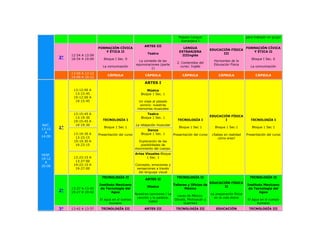 Repaso Lengua                                 para trabajar en grupo
                                                                                    Extranjera I
                                                            ARTES III
                             FORMACIÓN CÍVICA                                        LENGUA                                      FORMACIÓN CÍVICA
                                                                                                         EDUCACIÓN FÍSICA
                                Y ÉTICA II                                         EXTRANJERA                                       Y ÉTICA II
                                                              Teatro                                           III
             12:54 A 13:09                                                          IIIInglés
        3°   18:54 A 19:09      Bloque I Sec. 0                                                                                     Bloque I Sec. 0
                                                        La comedia de las                                  Horizontes de la
                                                                                  2. Contenidos del
                                                      equivocaciones (parte                                Educación Física
                               La comunicación                                      curso: Inglés                                   La comunicación
                                                               1)
             13:09 A 13:12
                                  CÁPSULA                   CÁPSULA                  CÁPSULA                  CÁPSULA                  CÁPSULA
             19:09 A 19:12
                                                            ARTES I
              13:12:00 A                                     Música
               13:15:45                                  Bloque 1 Sec. 1
              19:12:00 A
               19:15:45                                Un viaje al pasado
                                                        sonoro: nuestras
                                                       memorias musicales
              13:15:45 A                                     Teatro
               13:19:30                                  Bloque 1 Sec. 1                                 EDUCACIÓN FÍSICA
              19:15:45 A       TECNOLOGÍA I                                       TECNOLOGÍA I                  I                   TECNOLOGÍA I
MAT.           19:19:30                               La relajación muscular
13:12   1°                      Bloque 1 Sec 1                                     Bloque 1 Sec 1          Bloque 1 Sec 1           Bloque 1 Sec 1
                                                             Danza
  A           13:19:30 A                                 Bloque 1 Sec. 1
                             Presentación del curso                             Presentación del curso    ¿Sabes en realidad     Presentación del curso
14:00          13:23:15                                                                                      cómo eres?
              19:19.30 A                                Exploración de las
               19:23:15                                  posibilidades de
                                                      movimiento del cuerpo.

VESP.                                                 Artes Visuales Bloque
19:12         13:23:15 A                                     1 Sec. 1
  A            13:27:00
20:00         19:23:15 A                              Concepto, emociones y
               19:27:00                                sensaciones a través
                                                        del lenguaje visual
                               TECNOLOGÍA II                                      TECNOLOGÍA II                                    TECNOLOGÍA II
                                                            ARTES II
                                                                                                      EDUCACIÓN FÍSICA
                             Instituto Mexicano                                 Talleres y Oficios de                            Instituto Mexicano
                                                             Música                                          II
             13:27 A 13:42    de Tecnología del                                        México                                     de Tecnología del
        2°   19:27 A 19:42          Agua                                                                                                Agua
                                                      Nuestras canciones / La                            La preparación física
                                                                                 Lacas de México.
                                                       canción y la palabra.                               en la vida diaria
                             El agua en el cuerpo                               Olinalá, Michoacán y                              El agua en el cuerpo
                                                              Usted
                                   humano                                             Guerrero                                          humano
        3°   13:42 A 13:57    TECNOLOGÍA III                ARTES III            TECNOLOGÍA III             EDUCACIÓN             TECNOLOGÍA III
 