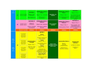17:36                                                                                                                           HISTORIA I
  A                                               FORMACIÓN CÍVICA Y                              FORMACIÓN CÍVICA Y
                               HISTORIA I
18:24                                                  ÉTICA I                                         ÉTICA I                 Bloque II Sec. 4
             11:51 A 12:06     Bloque II Sec.                                 Aprender a tu
        2°   17:51 A 18:06       Evaluación
                                                  Bloque I Sec. Evaluación
                                                                                manera
                                                                                                     Bloque II Sec. 4        Las revoluciones que
                                                                                                                             marcaron la segunda
                                                      Normas para la                               Ser adolescente en la   mitad del S.XVIII y la 1°
                             Edad Moderna III
                                                       convivencia 1                                    actualidad          del XIX. Panorama del
                                                                                                                                    periodo
                                                                                                                                HISTORIA II
                               HISTORIA II        FORMACIÓN CÍVICA Y
                                                                                                  FORMACIÓN CÍVICA Y
                                                       ÉTICA II
                                                                                                       ÉTICA II                Bloque II Sec. 4
                                 Bloque II
             12:06 A 12:21                                                    Para construir
        3°   18:06 A 18:21
                                Evaluación        Bloque I Sec. Evaluación
                                                                                 caminos             Bloque II Sec. 4        Nueva España: de la
                                                                                                                              consolidación de la
                             Cultura y sociedad    Para ejercer nuestros
                                                                                                  Construyendo el futuro   colonia al nacimiento de
                               novohispanas              derechos
                                                                                                                                   la nación
             12:21 A 12:24
                                 CÁPSULA                 CÁPSULA                 CÁPSULA                CÁPSULA                   CÁPSULA
             18:21 A 18:24
                                                        ARTES I
              12:24:00 A
               12:27:45                                   Música
              18:24:00 A                              Bloque 2 Sec. 1
               18:27:45
                                                   El pulso corporal y el
                                                       pulso musical
MAT.
12:24                                                     Teatro
              12:27:45 A
  A                          ORIENTACIÓN Y            Bloque 2 Sec. 1                             EDUCACIÓN FÍSICA I
               12:31:30                                                                                                        ASIGNATURA
13:12                           TUTORÍA
              18:27:45 A                                                                                                         ESTATAL
                                                   Características de un                                Bloque 1
               18:31:30                                                         ¡Dime cómo
                              Bloque 1 Sec. 2           personaje                                       Actividad
        1°                                                                   estudias y te diré
                                                                                                     complementaria
                                                                                                                             La edad de merecer
                                                          Danza                 quién eres!
                              ¿Qué son y para         Bloque 2 Sec. 1
              12:31:30 A                                                                                                         Ciudadano X
VESP.                          qué sirven las                                                         Registrando mi
               12:35:15                                                                                                             Parte I
18:24                            normas?              Exploración de                                frecuencia cardiaca
  A           18:31:30 A
                                                   movimientos libres y
19:12          18:35:15
                                                  espontáneos a partir de
                                                    estímulos visuales
                                                      Artes Visuales
              12:35:15 A
                                                      Bloque 2 Sec. 1
               12:39:00
              18:35:15 A
                                                   Interpretaciones de la
               18:39:00
                                                           figura
 