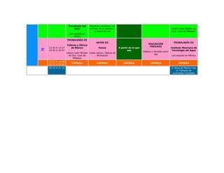 Tecnología del      Nuestras canciones. La
                          Agua            canción de la palabra /                                                   Lázaro León Montes de
                                             La barca de oro                                                         Oca. Loza de Metepec
                       Las sequías en
                           México
                     TECNOLOGÍA III
                                               ARTES III                                                              TECNOLOGÍA III
                                                                                              EDUCACIÓN
                     Talleres y Oficios
                                                                                               FÍSICAIII
     13:42 A 13:57       de México                Danza             A partir de lo que                              Instituto Mexicano de
3°   19:42 A 19:57                                                         veo                                       Tecnología del Agua
                                                                                         Elástico y flexible como
                     Lázaro León Montes Costa nahua / Nahua de
                                                                                                    liga
                       de Oca. Loza de        Michoacán                                                             Las sequías en México
                          Metepec
     13:57 A 14:00
                         CÁPSULA                CÁPSULA                 CÁPSULA                CÁPSULA                    CÁPSULA
     19:57 A 20:00
     20:15 A 21:15                                                                                                  El alma de México Cap
                                                                                                                         IX Tiempos de
                                                                                                                     contrastes Completo
 