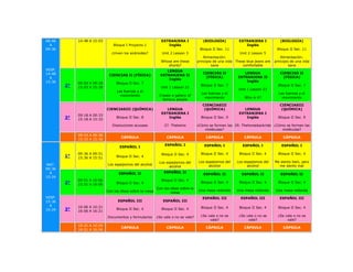 08:48        14:48 A 15:03                                  EXTRANJERA I              (BIOLOGÍA)           EXTRANJERA I            (BIOLOGÍA)
  A                              Bloque I Proyecto 1           Inglés                                         Inglés
09:36                                                                               Bloque II Sec. 11                            Bloque II Sec. 11
                                ¿Viven los androides?        Unit 2 Lesson 3                               Unit 2 Lesson 5
                                                                                       Alimentación:                                Alimentación:
                                                            Whose are these        principio de una vida These blue jeans are   principio de una vida
                                                               shorts?                      sana             comfortable                 sana
VESP.                                                          LENGUA
14:48                                                                                 CIENCIAS II            LENGUA                CIENCIAS II
                              CIENCIAS II (FÍSICA)          EXTRANJERA II
  A                                                                                    (FÍSICA)           EXTRANJERA II             (FÍSICA)
                                                                Inglés
15:36                                                                                                         Inglés
             09:03 A 09:18        Bloque II Sec. 7
        2°   15:03 A 15:18                                  Unit 1 Lesson 21
                                                                                     Bloque II Sec. 7                             Bloque II Sec. 7
                                                                                                          Unit 1 Lesson 23
                                  Las fuerzas y el
                                                                                     Las fuerzas y el                             Las fuerzas y el
                                    movimiento             Create a gallery of
                                                                                       movimiento             Who is it?            movimiento
                                                             famous people
                                                                                      CIENCIASIII                                  CIENCIASIII
                             CIENCIASIII (QUÍMICA)             LENGUA                  (QUÍMICA)              LENGUA                (QUÍMICA)
                                                            EXTRANJERA I                                   EXTRANJERA I
             09:18 A 09:33
        3°   15:18 A 15:33
                                  Bloque II Sec. 8              Inglés               Bloque II Sec. 9          Inglés             Bloque II Sec. 9

                                Disoluciones acuosas          27. Thetwins         ¿Cómo se forman las 29. Thehorsebackride ¿Cómo se forman las
                                                                                       moléculas?                               moléculas?
             09:33 A 09:36
                                     CÁPSULA                   CÁPSULA                  CÁPSULA               CÁPSULA                CÁPSULA
             15:33 A 15:36
                                                              ESPAÑOL I                ESPAÑOL I             ESPAÑOL I              ESPAÑOL I
                                    ESPAÑOL I

             09:36 A 09:51                                   Bloque II Sec. 4        Bloque II Sec. 4      Bloque II Sec. 4       Bloque II Sec. 4
        1°   15:36 A 15:51        Bloque II Sec. 4
                                                           Los espejismos del      Los espejismos del    Los espejismos del     Me siento bien, pero
MAT.                         Los espejismos del alcohol                                  alcohol               alcohol            me siento mal
                                                                 alcohol
09:36
  A                                 ESPAÑOL II                ESPAÑOL II
                                                                                      ESPAÑOL II            ESPAÑOL II             ESPAÑOL II
10:24
             09:51 A 10:06                                   Bloque II Sec. 4
        2°   15:51 A 16:06        Bloque II Sec. 4                                   Bloque II Sec. 4      Bloque II Sec. 4       Bloque II Sec. 4
                                                         Con las ideas sobre la
                             Con las ideas sobre la mesa                           Una mesa redonda      Una mesa redonda        Una mesa redonda
                                                                 mesa
VESP.                                                                                 ESPAÑOL III           ESPAÑOL III            ESPAÑOL III
15:36                              ESPAÑOL III               ESPAÑOL III
  A          10:06 A 10:21                                                           Bloque II Sec. 4      Bloque II Sec. 4       Bloque II Sec. 4
16:24   3°   16:06 A 16:21
                                  Bloque II Sec. 4           Bloque II Sec. 4

                             Documentos y formularios     ¿Se vale o no se vale?     ¿Se vale o no se      ¿Se vale o no se       ¿Se vale o no se
                                                                                          vale?                 vale?                  vale?
             10:21 A 10:24
                                     CÁPSULA                   CÁPSULA                  CÁPSULA               CÁPSULA                CÁPSULA
             16:21 A 16:34
 
