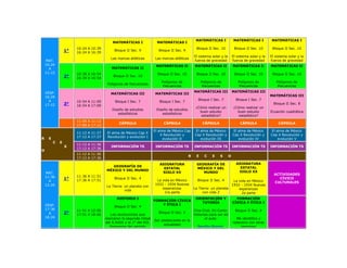 MATEMÁTICAS I               MATEMÁTICAS I          MATEMÁTICAS I
                                          MATEMÁTICAS I                MATEMÁTICAS I
                      10:24 A 10:39                                                             Bloque II Sec. 10           Bloque II Sec. 10       Bloque II Sec. 10
                 1°   16:24 A 16:39
                                           Bloque II Sec. 9             Bloque II Sec. 9
                                                                                               El sistema solar y la       El sistema solar y la   El sistema solar y la
                                         Las marcas atléticas         Las marcas atléticas
    MAT.                                                                                       fuerza de gravedad          fuerza de gravedad      fuerza de gravedad
    10:24                                                             MATEMÁTICAS II           MATEMÁTICAS II              MATEMÁTICAS II          MATEMÁTICAS II
      A                                   MATEMÁTICAS II
    11:12             10:39 A 10:54                                    Bloque II Sec. 10        Bloque II Sec. 10           Bloque II Sec. 10       Bloque II Sec. 10
                 2°   16:39 A 16:54
                                           Bloque II Sec. 10
                                                                         Polígonos de               Polígonos de              Polígonos de            Polígonos de
                                       Polígonos de frecuencias
                                                                          frecuencias                frecuencias               frecuencias             frecuencias

    VESP.                                                                                      MATEMÁTICAS III             MATEMÁTICAS III
                                         MATEMÁTICAS III              MATEMÁTICAS III
    16:24                                                                                                                                          MATEMÁTICAS III
      A                                                                                          Bloque I Sec. 7             Bloque I Sec. 7
                      10:54 A 11:09         Bloque I Sec. 7             Bloque I Sec. 7
    17:12        3°   16:54 A 17:09
                                                                                                                                                     Bloque II Sec. 8
                                                                                                ¿Cómo realizar un           ¿Cómo realizar un
                                          Diseño de estudios          Diseño de estudios
                                                                                                  buen estudio                buen estudio         Ecuación cuadrática
                                             estadísticos                estadísticos
                                                                                                   estadístico?                estadístico?
                      11:09 A 11:12
                                              CÁPSULA                     CÁPSULA                    CÁPSULA                    CÁPSULA                 CÁPSULA
                      17:09 A 17:12
                                                                     El alma de México Cap     El alma de México           El alma de México       El alma de México
                      11:12 A 11:27    El alma de México Cap X
                                                                         X Revolución y        Cap X Revolución y          Cap X Revolución y      Cap X Revolución y
R    E                17:12 A 17:27    Revolución y evolución I
                                                                           evolución II           evolución III               evolución IV             evolución V
         C   E
                      11:12 A 11:36
                 S                       INFORMACIÓN TS               INFORMACIÓN TS           INFORMACIÓN TS              INFORMACIÓN TS          INFORMACIÓN TS
                      17:12 A 17:36
O
                      11:12 A 11:36
                                                                                           R    E     C   E    S       O
                      17:12 A 17:36
                                                                        ASIGNATURA              GEOGRAFÍA DE                 ASIGNATURA
                                          GEOGRAFÍA DE                                                                         ESTATAL
                                                                          ESTATAL               MÉXICO Y DEL
                                       MÉXICO Y DEL MUNDO                                                                     SIGLO XX
    MAT.                                                                 SIGLO XX                  MUNDO
                                                                                                                                                     ACTIVIDADES
    11:36             11:36 A 11:51
                 1°   17:36 A 17:51
                                           Bloque II Sec. 4
                                                                      La vida en México          Bloque II Sec. 4
                                                                                                                                                        CÍVICO
      A                                                                                                               La vida en México              CULTURALES
    12:24                                                            1932 - 1934 Nuevas                              1932 - 1934 Nuevas
                                       La Tierra: un planeta con
                                                                         esperanzas            La Tierra: un planeta     esperanzas
                                                  vida
                                                                          1ra parte                  con vida 2            2a parte
                                             HISTORIA I                                         ORIENTACIÓN Y                FORMACIÓN
                                                                     FORMACIÓN CÍVICA
                                                                                                   TUTORÍA                 CÍVICA Y ÉTICA I
    VESP.                                                                Y ÉTICA I
                                           Bloque II Sec. 4
    17:36             11:51 A 12:06                                                            Cine Club. En Corto:          Bloque II Sec. 4
      A          2°   17:51 A 18:06      Las revoluciones que
                                                                        Bloque II Sec. 4
                                                                                               historias para ver en
    18:24                             marcaron la segunda mitad                                       el aula:               Me identifico y
                                                                     Ser adolescente en la
                                      del S.XVIII y la 1° del XIX.                                                         relaciono con otras
                                                                          actualidad
                                        Panorama del periodo                                     Bendita Muerte,                personas
 
