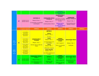fragmento
                                                                                     La visión de Casimira
                                                                                            (parte 1)
                                                                                      ORIENTACIÓN Y
                                                                                         TUTORÍA
                                                                                                                FORMACIÓN
                                  HISTORIA II            FORMACIÓN CÍVICA
                                                                            Cine Club. En Corto:             CÍVICA Y ÉTICA II
                                                             Y ÉTICA II
                                                                            historias para ver en
             12:06 A 12:21       Bloque II Sec. 4
        3°   18:06 A 18:21                                 Bloque II Sec. 4
                                                                                   el aula:                    Bloque II Sec. 4
                             La economía y la sociedad
                                                                                       Bendita Muerte,        Herramientas para
                                   novohispana           Construyendo el futuro
                                                                                           fragmento           planear el futuro
                                                                                     La visión de Casimira
                                                                                            (parte 1)
             12:21 A 12:24
                                    CÁPSULA                     CÁPSULA                   CÁPSULA                 CÁPSULA          CÁPSULA
             18:21 A 18:24
                                                               ARTES I
              12:24:00 A
               12:27:45                                          Música
              18:24:00 A                                     Bloque 2 Sec. 1
               18:27:45
                                                                 El pulso
                                                                 Teatro                   LENGUA
              12:27:45 A        ORIENTACIÓN Y                Bloque 2 Sec. 1            EXTRANJERA           EDUCACIÓN FÍSICA
               12:31:30            TUTORÍA
MAT.          18:27:45 A                                                                  IInglés                   I
12:24                                                     Los personajes de mi
        1°     18:31:30           Bloque 1 Sec. 2
  A                                                            comunidad.              Unit 2 Lesson 4         Bloque 2 Sec. 1
13:12         12:31:30 A     Normas para el salón de             Danza
               12:35:15                                      Bloque 2 Sec. 1          That is my favorite         Confiando
                                     clases
              18:31:30 A                                                                     jacket
               18:35:15                                    Alineación corporal
                                                            Artes Visuales
VESP.         12:35:15 A
                                                            Bloque 2 Sec. 1
18:24          12:39:00
  A           18:35:15 A
                                                         Los estilos artísticos en
19:12          18:39:00
                                                                  el arte
                                                                                          LENGUA
                             FORMACIÓN CÍVICA Y
                                                                ARTES II                EXTRANJERA           EDUCACIÓN FÍSICA
                                  ÉTICA I
                                                                                          IIInglés                  II
             12:39 A 12:54                                       Teatro
        2°   18:39 A 18:54
                                 Bloque II Sec. 4
                                                                                       Unit 1 Lesson 22      Importación de una
                                                              Señorita Julia                                    alimentación
                               Ser adolescente en la
                                                               (2a. parte)             Come to visit our         balanceada
                                    actualidad
                                                                                          gallery!
 