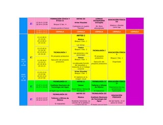 FORMACIÓN CÍVICA Y              ARTES III               LENGUA
                                                                                                       EDUCACIÓN FÍSICA
                                  ÉTICA II                                         EXTRANJERA
                                                                                                             III
             12:54 A 13:09                                 Artes Visuales           IIIInglés
        3°   18:54 A 19:09        Bloque II Sec. 4
                                                                                                        Elástico y flexible
                                                         Cuéntame un cuadro          28. More
                                                                                                            como liga
                              Construyendo el futuro          "Perdida"             aboutghosts
             13:09 A 13:12
                                    CÁPSULA                   CÁPSULA                CÁPSULA               CÁPSULA            CÁPSULA
             19:09 A 19:12
                                                              ARTES I
              13:12:00 A
               13:15:45                                        Música
              19:12:00 A                                   Bloque 2 Sec. 1
               19:15:45
                                                              Los tempi.
                                                               Teatro
              13:15:45 A
                                                           Bloque 2 Sec. 2
               13:19:30                                                           TECNOLOGÍA I
              19:15:45 A         TECNOLOGÍA I                                                          EDUCACIÓN FÍSICA
                                                          Las personas y los
               19:19:30                                                                                       I
                                                              personajes
                              Mi proyecto productivo                                Mi proyecto
        1°                                                     Danza                productivo           Bloque 2 Sec. 1
MAT.                           Ejecución del proyecto      Bloque 2 Sec. 1
              13:19:30 A
13:12                                productivo                                     Ejecución del          Organízate
               13:23:15
  A                                                      La adecuada función     proyecto productivo
              19:19.30 A
14:00                                                      del esqueleto y
               19:23:15
                                                        músculos en el trabajo
                                                               corporal
                                                           Artes Visuales
              13:23:15 A
                                                           Bloque 2 Sec. 2
VESP.          13:27:00
19:12         19:23:15 A
                                                           El realismo en la
  A            19:27:00
                                                            imagen visual
20:00
                                 TECNOLOGÍA II                ARTES II            TECNOLOGÍA II        EDUCACIÓN FÍSICA
                                                                                                              II
             13:27 A 13:42    Instituto Mexicano de            Danza             Talleres y Oficios
        2°   19:27 A 19:42     Tecnología del Agua                                   de México         Importancia de una
                                                         Costa Nahua. Nahua de                            alimentación
                             El fogón que no hace llorar       Michoacán            El mascarero           balanceada
                                                             ARTES III           TECNOLOGÍA III
                                TECNOLOGÍA III
                                                                                                          EDUCACIÓN
                                                               Música           Instituto Mexicano         FÍSICAIII
             13:42 A 13:57     Talleres y Oficios de
        3°   19:42 A 19:57            México
                                                                                 de Tecnología del
                                                        Nuestras Canciones. La          Agua           De tan fuerte…¡ni el
                                                        canción de la palabra /                          polvo le vimos!
                                   El mascarero
                                                           La barca de oro      El fogón que no hace
 