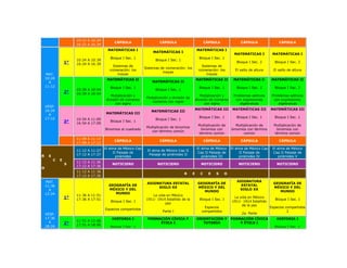 10:21 A 10:24
                                           CÁPSULA                     CÁPSULA                          CÁPSULA               CÁPSULA                 CÁPSULA
                      16:21 A 16:34
                                        MATEMÁTICAS I                                            MATEMÁTICAS I
                                                                   MATEMÁTICAS I
                                                                                                                           MATEMÁTICAS I          MATEMÁTICAS I
                                         Bloque I Sec. 1                                           Bloque I Sec. 1
                      10:24 A 10:39                                 Bloque I Sec. 1
                 1°   16:24 A 16:39
                                                                                                                            Bloque I Sec. 2        Bloque I Sec. 2
                                          Sistemas de                                               Sistemas de
                                                              Sistemas de númeración: los
                                        númeración: los                                           númeración: los          El salto de altura      El salto de altura
                                                                        mayas
    MAT.                                     mayas                                                     mayas
    10:24                              MATEMÁTICAS II                                            MATEMÁTICAS II           MATEMÁTICAS II          MATEMÁTICAS II
      A                                                           MATEMÁTICAS II
    11:12                                Bloque I Sec. 1                                           Bloque I Sec. 1          Bloque I Sec. 2        Bloque I Sec. 2
                      10:39 A 10:54                                 Bloque I Sec. 1
                 2°   16:39 A 16:54
                                          Mutiplicación y                                           Mutiplicación y       Problemas aditivos      Problemas aditivos
                                                               Mutiplicación y división de
                                       división de números                                       división de números       con expresiones         con expresiones
                                                                  números con signo
                                             con signo                                                 con signo             algebraicas             algebraicas
    VESP.
    16:24                                                                                        MATEMÁTICAS III          MATEMÁTICAS III        MATEMÁTICAS III
                                                                  MATEMÁTICAS III
      A                                MATEMÁTICAS III
    17:12                                                                                          Bloque I Sec. 1          Bloque I Sec. 1        Bloque I Sec. 1
                      10:54 A 11:09                                 Bloque I Sec. 1
                 3°   16:54 A 17:09
                                         Bloque I Sec. 1
                                                                                                  Multiplicación de         Multiplicación de      Multiplicación de
                                                               Multiplicación de binomios
                                      Binomios al cuadrado                                         binomios con          binomios con término       binomios con
                                                                  con término común
                                                                                                  término común                  común             término común
                      11:09 A 11:12
                                           CÁPSULA                     CÁPSULA                          CÁPSULA               CÁPSULA                 CÁPSULA
                      17:09 A 17:12
                                      El alma de México Cap                                      El alma de México       El alma de México Cap    El alma de México
                      11:12 A 11:27                            El alma de México Cap II
                                           II Paisaje de                                         Cap II Paisaje de            II Paisaje de       Cap II Paisaje de
R    E                17:12 A 17:27                             Paisaje de pirámides II
                                             pirámides                                              pirámides III             pirámides IV            pirámides V
         C   E
                      11:12 A 11:36
                 S                        NOTICIERO                  NOTICIERO                      NOTICIERO                NOTICIERO               NOTICIERO
                      17:12 A 17:36
O
                      11:12 A 11:36
                                                                                      R      E      C     E   S      O
                      17:12 A 17:36
    MAT.                                                                                                                    ASIGNATURA
                                                               ASIGNATURA ESTATAL                 GEOGRAFÍA DE                                     GEOGRAFÍA DE
    11:36                               GEOGRAFÍA DE                                                                          ESTATAL
                                                                    SIGLO XX                      MÉXICO Y DEL                                     MÉXICO Y DEL
      A                                 MÉXICO Y DEL                                                                         SIGLO XX
                                                                                                     MUNDO                                            MUNDO
    12:24                                  MUNDO
                      11:36 A 11:51                               La vida en México
                 1°   17:36 A 17:51                            1911- 1914 Estallido de la          Bloque I Sec. I
                                                                                                                          La vida en México
                                                                                                                                                    Bloque I Sec. I
                                         Bloque I Sec. I                                                                 1911- 1914 Estallido
                                                                         paz
                                                                                                                              de la paz
                                                                                                      Espacios                                   Espacios compartidos
                                      Espacios compartidos
                                                                         Parte I                    compartidos                                            2
    VESP.                                                                                                                      2a. Parte
    17:36                                 HISTORIA I           FORMACIÓN CÍVICA Y                ORIENTACIÓN Y           FORMACIÓN CÍVICA           HISTORIA I
      A               11:51 A 12:06
                 2°   17:51 A 18:06
                                                                    ÉTICA I                         TUTORÍA                  Y ÉTICA I
    18:24                                Bloque I Sec. 1                                                                                           Bloque I Sec. 1
 
