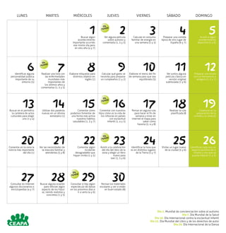 LUNES MARTES MIÉRCOLES JUEVES VIERNES SÁBADO DOMINGO
1Buscar algún
acontecimiento
importante ocurrido
ese mismo día pero
en otro año (4 y 7)
2Ver alguna película
sobre autismo y
comentarla (1, 3 y 5)
3Calcular el consumo
familiar de energía en
una semana (2 y 3)
4Preparar una comida
típica de otro lugar de
España (6 y 7)
5Acudir a algún
acontecimiento
deportivo (5 y 6)
6Identificar alguna
personalidad pública
importante de su
entorno (5)
7Realizar una lista con
las enfermedades
mundiales más
importantes de
los últimos años y
comentarlas (1, 3 y 5)
8Elaborar etiquetas para
distintos objetos en
inglés (1)
9Calcular qué gasto se
necesita para preparar
un cumpleaños (1 y 2)
10Elaborar el menú del fin
de semana para que sea
equilibrado (3)
11Ver juntos alguna
película clásica en
versión original
subtitulada (1 y 6)
12Preparar una receta
con un hermano/a o
amigo/a (1, 2 y 7)
13Buscar en el periódico
la cartelera de actos
culturales para elegir
uno (1 y 4)
14Utilizar dos palabras
nuevas en un idioma
extranjero (1)
15Comentar cómo
podemos fomentar de
una forma más activa
nuestros hábitos
saludables (1, 3 y 7)
16Comentar con nuestros
hijos cómo es la vida de
los niños/as en países
con esclavitud
infantil (1, 4 y 5)
17Pensar en alguna ruta
para hacer el fin de
semana y mirar en
internet el mapa para
saber cómo
hacerla (3, 4 y 8)
18Realizar la ruta
planificada (8
19Colaborar en la
preparación de la
comida y la cena (5)
20Comentar en la cena la
noticia más importante
del día (1)
21Ver las necesidades de
la mascota familiar y
atenderlas (3 y 8)
22Comentar algún
incidente
desagradable que
hayan vivido (1 y 5)
23Asistir a la celebración
del día del libro de la
zona y elegir un libro
nuevo para
leer (1, 5 y 6)
24Identificar la hora que
es en distintos lugares
de la Tierra (3 y 7)
25Visitar un lugar nuevo
de la ciudad (3 y 6)
26Identificar cada uno un
aspecto positivo de sí
mismo y uno que se
pueda mejorar (1 y 5)
27Consultar en internet
algunos diccionarios o
enciclopedias (4 y 7)
28Buscar alguna ocasión
para reforzar algún
aspecto de los hijos/
as, siendo realistas y
concretos (1 y 5)
29Consultar si hay algún
espectáculo de danza
en los próximos días e
ir a verlo (4 y 6)
30Revisar los materiales
escolares y ver si están
en buen estado (8)
Día 2. Mundial de concienciación sobre el autismo
Día 7. Día Mundial de la Salud
Día 16. Día Internacional contra la esclavitud infantil
Día 23. Día Mundial del Libro y de los derechos de autor
Día 29. Día Internacional de la Danza
Día
Mundial
Día
Mundial
Día
Mundial
Día
Mundial
Día
Mundial
 