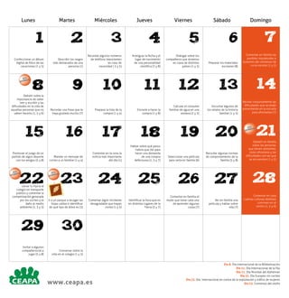 Lunes

Martes

1

Miércoles

Jueves

Viernes

7

Dialogar sobre los
compañeros que tenemos
en clase de distintos
países (1 y 5)

Preparar los materiales
escolares (8)

Comentar en familia las
posibles inquietudes e
ilusiones del comienzo de
curso escolar (1 y 5)

12

13

14
Revisar conjuntamente las
dificultades que se están
presentando en la escuela
para afrontarlas (7)

3

4

5

Confeccionar un álbum
digital de fotos de las
vacaciones (1 y 5)

Describir los rasgos
más destacados de una
persona (1)

Recordar algunos números
de teléfono importantes
en caso de
necesidad ( 2 y 5)

Averiguar la fecha y el
lugar de nacimiento
de una personalidad
científica (7 y 8)

8

9

10

11

Debatir sobre la
importancia de saber
leer y escribir y las
dificultades en la vida de
aquellas personas que no
saben hacerlo (1, 5 y 6)

Recordar una frase que le
haya gustado mucho (7)

Preparar la lista de la
compra (1 y 4)

Enviarle a hacer la
compra (1 y 8)

Calcular el consumo
familiar de agua en una
semana (2 y 3)

Escuchar algunos de
los relatos de la historia
familiar (1 y 5)

15

16

17

18

19

20

Promover el juego de un
partido de algún deporte
con los amigos (5 y 8)

Mandar un mensaje de
correo a un familiar (1 y 4)

Comentar en la cena la
noticia más importante
del día (1)

Hablar sobre qué pasos
habría que dar para
hacer una demanda
de una compra
defectuosa (1, 5 y 7)

Domingo

6

2

DÍA L
DIA
MUN

Sábado

DÍA L
DIA
MUN

21

Seleccionar una película
para verla en familia (6)

Recordar algunas normas
de comportamiento de la
familia (5 y 8)

Debatir en familia
sobre las personas
que tienen alzheimer,
cómo afrontarlo y las
dificultades con las que
se encuentran (1 y 5)

Llevar tu hijo/a al
colegio en transporte
público y comentar la
contaminación generada
por los coches y el
daño al medio
ambiente (1, 3 y 5)

23

24

25

26

27

28

Ir a un parque a recoger las
hojas caídas e identificar
de qué tipo de árbol es (3)

Comentar algún incidente
desagradable que hayan
vivido (1 y 5)

Identificar la hora que es
en distintos lugares de la
Tierra (3 y 7)

Comentar en familia el
modo que tiene cada uno
de aprender algunas
cosas (7)

Ver en familia una
película y hablar sobre
ella (7)

Comentar en casa
cuántas culturas distintas
conviven en el
centro (1, 5 y 6)

29

30

Invitar a algunos
compañeros/as a
jugar (5 y 8)

Conversar sobre la
vida en el colegio (1 y 5)

22

DÍA L
DIA
MUN

DÍA L
DIA
MUN

www.ceapa.es

Día 8. Día Internacional de la Alfabetización
Día 21. Día Internacional de la Paz
Día 21. Día Mundial del Alzheimer
Día 22. Día Europeo sin coches
Día 23. Día Internacional en contra de la explotación y tráfico de mujeres
Día 23. Comienzo del otoño

 