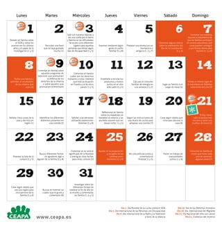 Lunes
DÍA L
DIA
MUN

Martes

1

8

Miércoles
DÍA L
DIA
MUN

2
DÍA L
DIA
MUN

9

DÍA L
DIA
MUN

Jueves

Viernes

Sábado

Domingo

3

4

5

6

7

10

11

12

13

14

15

16

17

22

23

24

29

30

DÍA L
DIA
MUN

18

19

20

25

26

DÍA L
DIA
MUN

27

31

Día 1.
Día 3.

www.ceapa.es

Día 9.

21

28

Día 10.
Día 18.
Día 21.
Día 21.

 