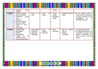 CALENDARIO COMUNAL - 2025
 Wawachay primer
aporque.
canicas
NOVIEMBR
E
 Visita de compadres
 Visita al cementerio
 Preparamos comida
para
 los santos.
 Visita a los ahijados
 Siembra de papa
 Trabajo en Ayni y
minka.
 Sara qallmay
 Inicio de la
lluvia
 Todos los
Santos
 Trompo
chiqtay
 Wawatanta
qipikuy
 Preparación de tanta
wawa.
 En las prendas poncho o
manta que fueron orinados por
el zorrino, reaparece el olor
desagradable por la
proximidad de la lluvia.
DICIEMBRE  Siembra de trigo
 Sara qallmay
 Navidad
 Habas qallmay
 Traslado de los
animales a la puna.
 Clausura del año lectivo
 Lluvias fuertes
 Granizadas
 Derrumbes
 Relámpagos
 Fiesta de
navidad
 Latamacho.
 Avión
 Salta soga
 Sopa de cebada,
trigo, etc.
 Paneton,
chocolatada
 Yutu waqay (buena lluvia)
 Inti Tiyay (descanso del sol en
su recorrido), que ocurre en el
solsticio de diciembre, que
avisa de buen o mal año
agrícola.
 