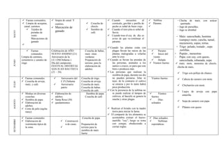 MAYO
 Faenas comunales.
 Limpia de acequias,
canal, caminos.
 Tejidos de
prendas de
vestir.
Marcaciones de
ganado

 limpia de canal. Y
camino.
 Marcación de
ganado
 Cosecha de
choclo.
 Siembre de
café.
 Cuando encuentra al
cernícalo, gavilán y putilla de
pecho es señal de buen viaje.
 Cuando el toro pita es señal de
lluvia.
 Cuando tose el cuy de día es
aviso de que va continuar el
páramo.
 Cuando las plantas están con
plagas llevan las raíces de las
plantas malogradas a velarlas
ante la cruz.
 Cuando se llevan las prendas de
las personas, animales a los
santos o cruces, es para que este
bien o produzca más.
 Las personas que realizan la
siembra de papa, durante ese día
no pueden peinarse, hilar ni
tejer, de lo contrario el cultivo
se enraíza y por lo tanto habrá
poca producción.
 Con la presencia de la neblina no
se puede realizar el lampeo de
cultivos, al hacerlo se genera la
rancha y otras plagas.
 Realizar el brindis con la madre
tierra para iniciar la faena.
 El compartir de los alimentos se
acostumbra extraer el hueso-
martillo “cuy”, luego se toma
con yonque, obedeciendo a
ciertas reglas.
 Neblina
 Páramo.

- Chicha de maíz, con azúcar
quemada..
- Jugo de purushku.
- Jugo se shimbul
- Maíz: sancochado, humitas
(sampay) mote, cancha, tamal,
mazamorra, sopas, tortas.
- Trigo: pelado, tostado , sopa
,tortillas.
- Pepián , menestras
- Papa: con cuy, con queso,
sancochada, rebanada, sopa.
 maíz, mote, menestra de choclo,
chicha de maíz,
 Trigo con pellejo de chanco.
 Cabeza de carnero con mote.
 Chicharrón con mote.
 Luqru de arveja con papa
amarilla.
 Sopa de carnero con papa
 Plátano con queso
.
JUNIO
 Faenas
comunales.
Limpia de caminos,
cementerio y canales de
riego
Celebración de AÑO
NUEVO ANDINO (21)
Aniversario de la
I.E.129(Chiñama )
Día del campesino.
FESTIVAL DISTRITAL
SAN JUAN BAUTISTA
(21 – 24).
.
Cosecha de habas,
maíz otras
verduras.
Preparación de
terreno, para la
elaboración de
adobes.
 Paramo
 Inicio del
viento
 Helado
 Vientos fuertes
JULIO
 Faenas comunales
 Cosecha de arveja,
maíz, y cafe.
 Aniversario del
C.P.Chiñama
 Aniversario
patrio
Cosecha de trigo.
Cosecha de arveja.
Cosecha de maíz.
Cosecha de habas.
Cosecha de cafe
Vientos fuertes.
AGOSTO
 Minkas en diversas
cosechas
 Siembra de papa
 Elaboración de
adobes.
 Corte de pelo (aqcha
rutuy)
 Elaboración de
adobes.
 Santa Rosa (30)
 quedamientos
Siembra de papa.
Cosecha de café
 Vientos
fuertes.
 Días
soleados
SETIEMBRE
 Faenas comunales
 Elaboracion de
vestimenta típica de
la zona.
 Construcció
n de casas.

Cosecha de papa.
Preparación de
terreno para la
siembra de maíz
fuerte
 Días soleados.
 Neblinas
esporádicas.
 