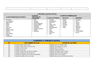 USO DE LAS PLANTAS
PLANTAS MEDICINALES FRESCO
PLANTAS
MEDICINALES
CALIENTES
PLANTAS COMERCIALES
PLANTAS TINTÓREAS FRUTALES MADERAS
 flor blanca.
 Flor de sabuco
 Rosa blanca.
 Sábila
 Pimpín
 Culén
 Suqu rosa
 Verdios
 Maqay chuskito
 Uqururu
 Vira vira
 Suqu pichana
 Chillqa
 Yunqa tuktu
 Anis.
 Kutiqiru.
 Eucalipto.
 Muña.(ĈAMQAS)
 Nogal.(ZUÑIK)
 Huacatay.
 Savia real
 Chupika purushku
 Kalwal
 cascarilla
 Andanga
 Chumbe aura.
 Sinchihual
 buly
 Chillca verde
 Shampu.
 Rumipashapran.
 Clavel
 Lirio
 Rosas
 Azucenas
 talla
 Mullaka
 Lucma
 Tomatillo.
 Shinbol.
 Purushku
 Tunas
 Yacón
 Eucalipto.
 Pino.
 Ciprés.
 Huayo
 Lanchi.
 Makmaq
 Pancho
 Cedro
 Puma takana.
 pucho
SABERES Y PREDICCIONES
N° OCURRENCIAS EXPLICACIÓN
01 Cuando el gato araña su cara Significa que van a llegar visita
02 Cuando el tuku canta cerca de tu casa Significa que alguien va a morir
03 Cuando el zorzal canta Significa que va a llover
04 Cuando la rana croa Significa anuncio de lluvia
05 Cuando la araña lleva sus huevos cargado Significa que habrá buena cosecha
06 Cuando la araña está sola sin huevos Significa que habrá mala cosecha
07 Cuando una culebra se cruza entre dos personas Significa que se van a separar
08 Cuando la culebra verde se te cruza Significa que nunca volverás por esos sitios
 