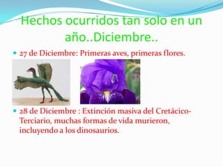 Hechos ocurridos tan solo en un año..Diciembre..27 de Diciembre: Primeras aves, primeras flores.28 de Diciembre : Extinción masiva del Cretácico-Terciario, muchas formas de vida murieron, incluyendo a los dinosaurios.