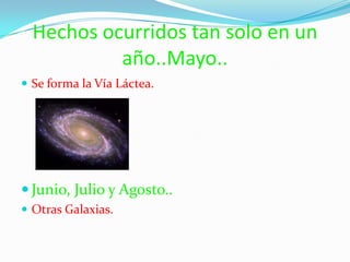 Hechos ocurridos tan solo en un año..Mayo..Se forma la Vía Láctea.Junio, Julio y Agosto..Otras Galaxias.