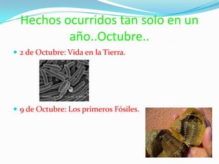 Hechos ocurridos tan solo en un año..Octubre..2 de Octubre: Vida en la Tierra.9 de Octubre: Los primeros Fósiles.