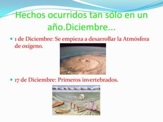Hechos ocurridos tan sólo en un año.Diciembre...1 de Diciembre: Se empieza a desarrollar la Atmósfera de oxígeno.17 de Diciembre: Primeros invertebrados.