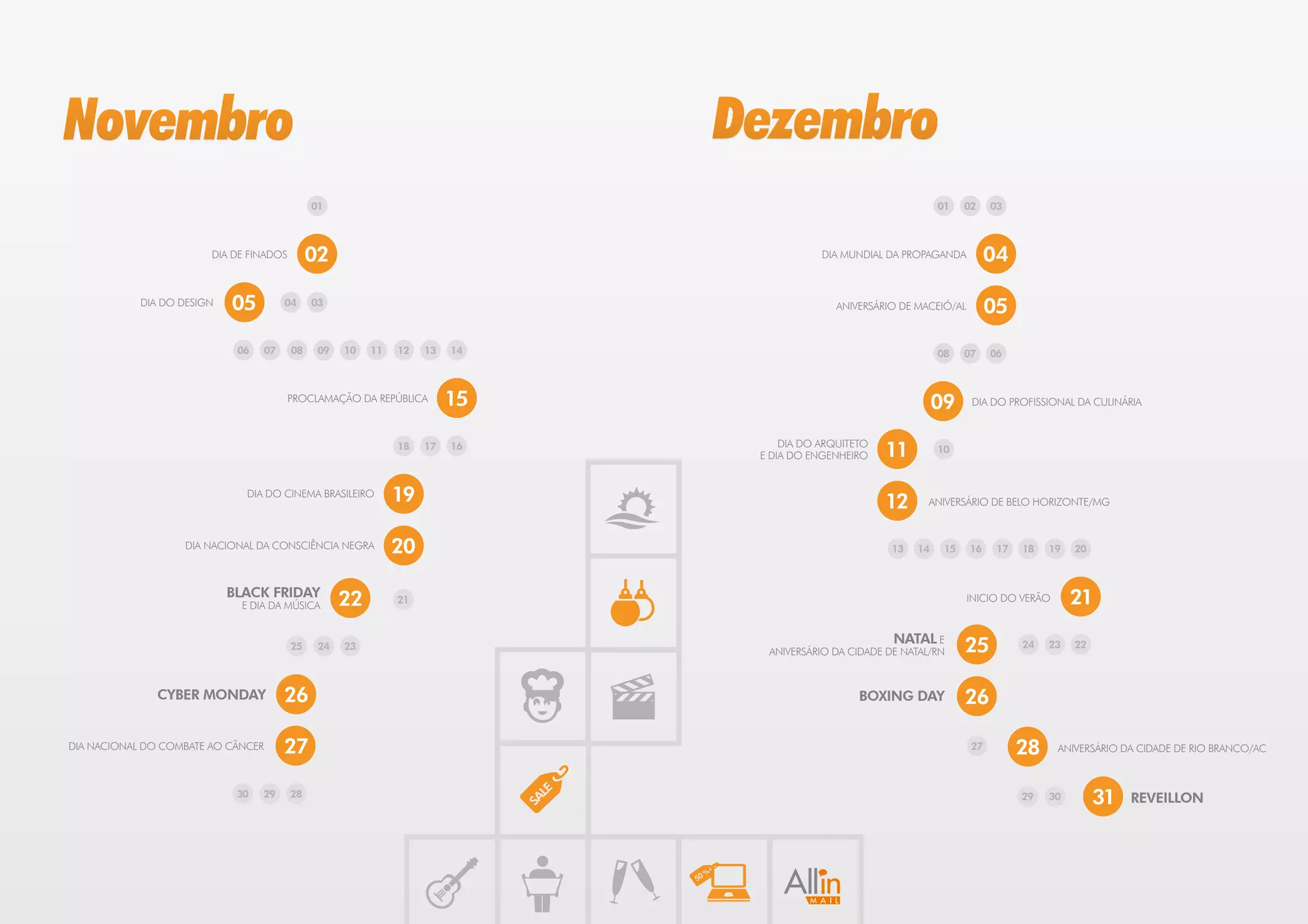 Novembro                                                                     Dezembro
                                              01                                                                01    02    03



                        DIA DE FINADOS        02                                         DIA MUNDIAL DA PROPAGANDA          04

            DIA DO DESIGN   05         04     03                                            ANIVERSÁRIO DE MACEIÓ/AL        05
                             06   07     08    09   10   11   12   13   14                                      08    07    06



                                       PROCLAMAÇÃO DA REPÚBLICA         15                                      09     DIA DO PROFISSIONAL DA CULINÁRIA



                                                              18   17   16        DIA DO ARQUITETO
                                                                              E DIA DO ENGENHEIRO    11         10



                              DIA DO CINEMA BRASILEIRO        19                                     12      ANIVERSÁRIO DE BELO HORIZONTE/MG



                   DIA NACIONAL DA CONSCIÊNCIA NEGRA          20                                      13   14    15    16    17   18   19   20



                            BLACK FRIDAY                                                                                                    21
                             E DIA DA MÚSICA        22        21                                                       INICIO DO VERÃO


                                                                                                      NATAL E
                                         25    24   23
                                                                               ANIVERSÁRIO DA CIDADE DE NATAL/RN      25          24   23   22



               CYBER MONDAY            26                                                       BOXING DAY            26

DIA NACIONAL DO COMBATE AO CÂNCER      27                                                                              27         28     ANIVERSÁRIO DA CIDADE DE RIO BRANCO/AC



                             30   29     28                                                                                       29   30        31   REVEILLON
 