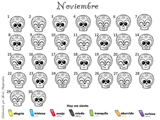 alegría tranquilo
miedo
enojo
tristeza aburrido curioso
1 2 3 4 5 6 7
8 9 10 11 12 13 14
15 16 17 18 19 20 21
22 23 24 25 26 27 28
29 30
Hoy me siento:
 