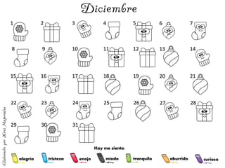 alegría tranquilo
miedo
enojo
tristeza aburrido curioso
1 2 3 4 5 6 7
8 9 10 11 12 13 14
15 16 17 18 19 20 21
22 23 24 25 26 27 28
29 30 31
Hoy me siento:
 