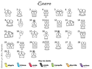 alegría tranquilo
miedo
enojo
tristeza aburrido curioso
1 2 3 4 5 6 7
8 9 10 11 12 13 14
15 16 17 18 19 20 21
22 23 24 25 26 27 28
29 30 31
Hoy me siento:
 