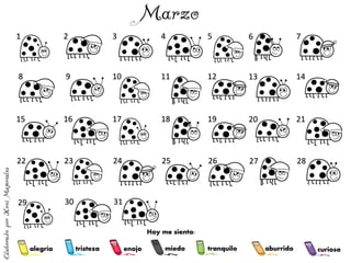 alegría tranquilo
miedo
enojo
tristeza aburrido curioso
1 2 3 4 5 6 7
8 9 10 11 12 13 14
15 16 17 18 19 20 21
22 23 24 25 26 27 28
29 30 31
Hoy me siento:
 