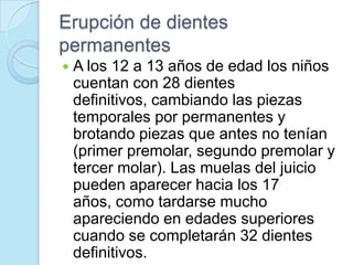 Erupción de dientes
permanentes
   A los 12 a 13 años de edad los niños
    cuentan con 28 dientes
    definitivos, cambiando las piezas
    temporales por permanentes y
    brotando piezas que antes no tenían
    (primer premolar, segundo premolar y
    tercer molar). Las muelas del juicio
    pueden aparecer hacia los 17
    años, como tardarse mucho
    apareciendo en edades superiores
    cuando se completarán 32 dientes
    definitivos.
 