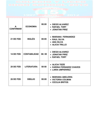 08:00    • DIEGO ALVAREZ
    A        ECONOMIA               • RAFAEL TORT
CONFIRMAR                           • JONATAN PIRIZ


                                    •   MARIANA FERNANDEZ
21 DE FEB      INGLÉS      08:00    •   RAUL SILVA
                                    •   ANA SILVA
                                    •   ALICIA TRILLO


                                    • DIEGO ALVAREZ
14 DE FEB   CONTABILIDAD   08: 00   • JONATAN PIRIZ
                                    • RAFAEL TORT


                                    • ALICIA TIZZE
20 DE FEB   LITERATURA     08 00    • KARINA FERNADEZ CHAVES
                                    • LAIRA UMPIERREZ


                                    • MARIANA ABELEIRA
26 DE FEB      DIBUJO      08:00    • VICTORIA COLMAN
                                    • CECILIA BRITOS
 