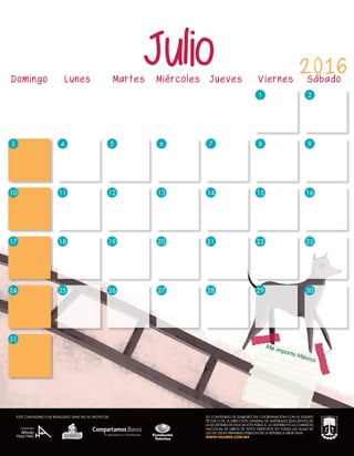 Me importa México
4
53
24
31
4 6 7 8 9
10
17
12
19
26
11
18
13
20
27
14
21
28
15
22
29
16
23
3025
5 1 2
Domingo	 Lunes	 Martes Miércoles Jueves Viernes	 Sábado
2016
SU CONTENIDO SE ELABORÓ EN COORDINACIÓN CON EL EQUIPO
TÉCNICO DE LA DIRECCIÓN GENERAL DE MATERIALES EDUCATIVOS DE
LA SECRETARÍA DE EDUCACIÓN PÚBLICA. LO DISTRIBUYÓ LA COMISIÓN
NACIONAL DE LIBROS DE TEXTO GRATUITOS EN TODAS LAS AULAS DE
LAS ESCUELAS PRIMARIAS PÚBLICAS DE LA REPÚBLICA MEXICANA.
WWW.VALORES.COM.MX
ESTE CALENDARIO FUE REALIZADO GRACIAS AL APOYO DE:
 