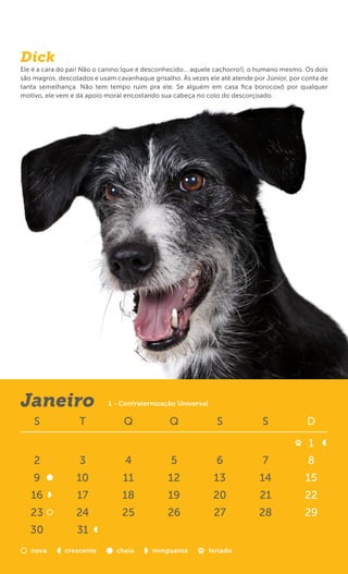 Dick
Ele é a cara do pai! Não o canino (que é desconhecido... aquele cachorro!), o humano mesmo. Os dois
são magros, descolados e usam cavanhaque grisalho. Às vezes ele até atende por Júnior, por conta de
tanta semelhança. Não tem tempo ruim pra ele. Se alguém em casa ﬁca borocoxô por qualquer
motivo, ele vem e dá apoio moral encostando sua cabeça no colo do descorçoado.




Janeiro                     1 - Confraternização Universal

    S              T             Q              Q              S             S              D

                                                                                            1
    2              3             4              5              6              7             8
    9             10             11            12             13             14            15
   16             17            18             19             20             21            22
   23             24            25             26             27            28             29
   30             31
   nova       crescente       cheia       minguante          feriado
 