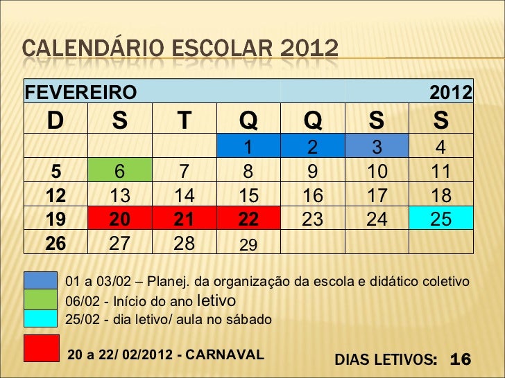 Calendario do ano letivo 2012