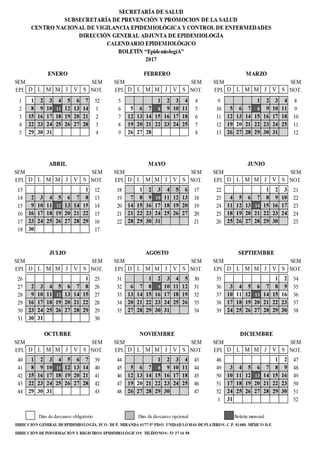 Calendario Epidemiologico Secretaria de Salud 2017