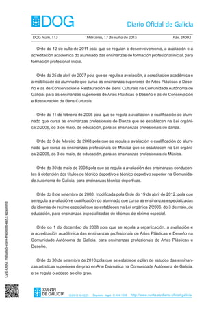 DOG Núm. 113	 Mércores, 17 de xuño de 2015	 Páx. 24092
ISSN1130-9229 Depósito legal C.494-1998 http://www.xunta.es/diario-oficial-galicia
Orde do 12 de xullo de 2011 pola que se regulan o desenvolvemento, a avaliación e a
acreditación académica do alumnado das ensinanzas de formación profesional inicial, para
formación profesional inicial.
Orde do 25 de abril de 2007 pola que se regula a avaliación, a acreditación académica e
a mobilidade do alumnado que cursa as ensinanzas superiores de Artes Plásticas e Dese-
ño e as de Conservación e Restauración de Bens Culturais na Comunidade Autónoma de
Galicia, para as ensinanzas superiores de Artes Plásticas e Deseño e as de Conservación
e Restauración de Bens Culturais.
Orde do 11 de febreiro de 2008 pola que se regula a avaliación e cualificación do alum-
nado que cursa as ensinanzas profesionais de Danza que se establecen na Lei orgáni-
ca 2/2006, do 3 de maio, de educación, para as ensinanzas profesionais de danza.
Orde do 8 de febreiro de 2008 pola que se regula a avaliación e cualificación do alum-
nado que cursa as ensinanzas profesionais de Música que se establecen na Lei orgáni-
ca 2/2006, do 3 de maio, de educación, para as ensinanzas profesionais de Música.
Orde do 30 de maio de 2008 pola que se regula a avaliación das ensinanzas conducen-
tes á obtención dos títulos de técnico deportivo e técnico deportivo superior na Comunida-
de Autónoma de Galicia, para ensinanzas técnico-deportivas.
Orde do 8 de setembro de 2008, modificada pola Orde do 19 de abril de 2012, pola que
se regula a avaliación e cualificación do alumnado que cursa as ensinanzas especializadas
de idiomas de réxime especial que se establecen na Lei orgánica 2/2006, do 3 de maio, de
educación, para ensinanzas especializadas de idiomas de réxime especial.
Orde do 1 de decembro de 2008 pola que se regula a organización, a avaliación e
a acreditación académica das ensinanzas profesionais de Artes Plásticas e Deseño na
Comunidade Autónoma de Galicia, para ensinanzas profesionais de Artes Plásticas e
Deseño.
Orde do 30 de setembro de 2010 pola que se establece o plan de estudos das ensinan-
zas artísticas superiores de grao en Arte Dramática na Comunidade Autónoma de Galicia,
e se regula o acceso ao dito grao.
CVE-DOG:mdsalsi5-vpn4-lhe3-bit6-es1z7epxonm3
 