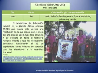 Calendario escolar 2010-2011 Mes : Octubre   El Ministerio de Educación publicó en la Gaceta Oficial número 39.501 que circula este viernes una resolución en la que señala que el inicio del año escolar 2010-2011 será el lunes, 4 de octubre en todo el territorio nacional debido a que las instituciones educativas funcionarán el 26 de septiembre como centros de votación para las elecciones a la Asamblea Nacional. Fuente: http://elnacional.com/www/site/p_contenido.php?q=nodo/152853/Naci%C3%B3n/Inicio-del-a%C3%B1o-escolar-2010-2011-ser%C3%A1-el-4-de-octubre Fuente :Ministerio del Poder Popular para la Educación. 