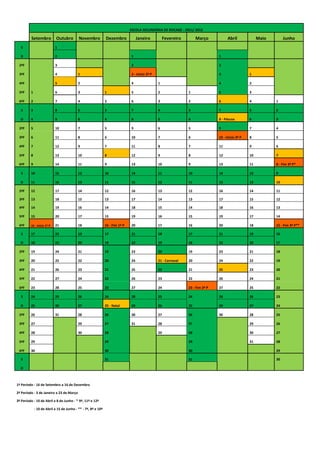 ESCOLA SECUNDÁRIA DE BOCAGE - 2011/ 2012SetembroOutubroNovembroDezembroJaneiroFevereiroMarçoAbrilMaioJunhoS 1        D 2  1  1  2ªF 3  2  2  3ªF 41 3 - Início 2º P  31 4ªF 5241 42 5ªF163152153 6ªF2742632641S3853743752D49648548 - Páscoa632ªF510759659743ªF61186107610 - Início 3º P854ªF71297118711965ªF8131081298121076ªF9141191310913118 - Fim 3º P*S1015121014111014129D111613111512111513102ªF121714121613121614113ªF131815131714131715124ªF141916141815141816135ªF152017151916151917146ªF16 - Início 1º P211816 - Fim 1º P201716201815 - Fim 3º P**S17221917211817211916D182320182219182220172ªF192421192320192321183ªF202522202421 - Carnaval202422194ªF212623212522212523205ªF222724222623222624216ªF23282523272423 - Fim 2º P272522S24292624282524282623D25302725 - Natal2926252927242ªF263128263027263028253ªF272927312827 29264ªF283028 2928 30275ªF29  29  29 31286ªF30  30  30  29S   31  31  30D          1º Período - 16 de Setembro a 16 de Dezembro2º Período - 3 de Janeiro a 23 de Março3º Período - 10 de Abril a 8 de Junho - * 9º, 11º e 12º3º Período - 10 de Abril a 15 de Junho - ** - 7º, 8º e 10º<br />ESCOLA SECUNDÁRIA DE BOCAGE - 2011/ 20121º Período2º Período3º PeríodoSetembroOutubroNovembroDezembroTJaneiroFevereiroMarço T AbrilMaio JunhoTTotal2ª F25421343310341/2.8/9.31/323ª F24421253311341/2. 8/9.31/324ª F23521244311251/2.8/9.31/325ª F24411144412350/1.8/9.31/326ª F34431444412342/3. 9/10.35/361º Período - 14 semanas2º Período - 12 semanas3º Período - 10 semanas (7º, 8º e 10º); 9 semanas (9º, 11º e 12º)<br />