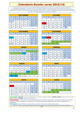 12
Calendario Escolar curso 2015/16---
La Consejería de Educación de la Comunidad de Madrid ha establecido para este curso académico el siguiente calendario.
ACTIVIDADES ESCOLARES.- Comienzo de las actividades lectivas: 8 de septiembre. Finalización de las actividades
lectivas el 21 de junio. De octubre a mayo el horario es de 9:00 a 14:00 h. En septiembre y junio el horario es de 9:00
a 13:00 h. El 19 de diciembre es de 9:00 a 13:00 h
SEPTIEMBRE OCTUBRE
L M M J V S D L M M J V S D
1 2 3 4 5 6 1 2 3 4
7 8 9 10 11 12 13 5 6 7 8 9 10 11
14 15 16 17 18 19 20 12 13 14 15 16 17 18
21 22 23 24 25 26 27 19 20 21 22 23 24 25
28 29 30 26 27 28 29 30 31
NOVIEMBRE DICIEMBRE
L M M J V S D L M M J V S D
1 1 2 3 4 5 6
2 3 4 5 6 7 8 7 8 9 10 11 12 13
9 10 11 12 13 14 15 14 15 16 17 18 19 20
16 17 18 19 20 21 22 21 22 23 24 25 26 27
23/30 24 25 26 27 28 29 28 29 30 31
ENERO FEBRERO
L M M J V S D L M M J V S D
1 2 3 1 2 3 4 5 6 7
4 5 6 7 8 9 10 8 9 10 11 12 13 14
11 12 13 14 15 16 17 15 16 17 18 19 20 21
18 19 20 21 22 23 24 22 23 24 25 26 27 28
25 26 27 28 29 30 31 29
MARZO ABRIL
L M M J V S D L M M J V S D
1 2 3 4 5 6 1 2 3
7 8 9 10 11 12 13 4 5 6 7 8 9 10
14 15 16 17 18 19 20 11 12 13 14 15 16 17
21 22 23 24 25 26 27 18 19 20 21 22 23 24
28 29 30 31 25 26 27 28 29 30
MAYO JUNIO
L M M J V S D L M M J V S D
1 1 2 3 4 5
2 3 4 5 6 7 8 6 7 8 9 10 11 12
9 10 11 12 13 14 15 13 14 15 16 17 18 19
16 17 18 19 20 21 22 20 21 22 23 24 25 26
23 24 25 26 27 28 29 27 28 29 30
30 31
VACACIONES: NAVIDAD: Del 23 de diciembre al 6 de enero, ambos inclusive; SEMANA SANTA: Del 19 al 27 de marzo,
ambos inclusive; VERANO: A partir del 22 de junio.
DÍAS FESTIVOS: 12 de octubre, 8 de diciembre (Fiesta de la Inmaculada Concepción); 2 de mayo (Fiesta de la Comunidad
de Madrid). A éstos se añadirán los que determine la Comunidad Autónoma de Madrid para el año 2016 en el ejercicio de sus
competencias.
NO LECTIVOS: 2 de noviembre, 7 de diciembre, 7 de enero, 8 de febrero, 18,28 y 29 de marzo
NOTA: Las festividades nacionales, autonómicas y locales de 2016 que se conocerán a finales de 2015 podrán introducir cambios sobre este calendario.
ORDEN 1486/2015, de 21 de mayo por la que se establece el calendario escolar para el curso 2015/2016 en los centros educativos no universitarios sostenidos con fondos públicos de la Comunidad de
Madrid.
 