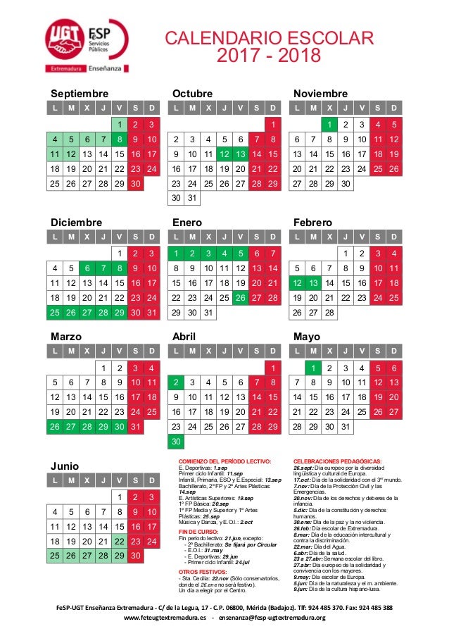 Calendario Escolar 2017 18 calendario escolar badajoz