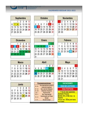 Calendario escolar 2021 2022
