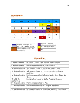 18
Septiembre
Efemérides
4 de septiembre Día de la Constitución Política de Nicaragua.
8 de septiembre Día Internacional de la Alfabetización.
14 de septiembre 167 Aniversario de la Batalla de San Jacinto.
15 de septiembre 202 Aniversario de la Independencia de Centro
América.
16 de septiembre Día Internacional de la Preservación de la Capa de
Ozono.
19 al 25 de
septiembre
Semana Internacional de las Personas Sordaas
21 de septiembre Día Internacional por la Paz.
23 de septiembre Día Internacional de las Lenguas de Señas.
30 de septiembre Día Internacional del intérprete de Lengua de Señas.
Lu Ma Mi Ju Vi Sá Do
1 2 3
4 5 6 7 8 9 10
11 12 13 14 15 16 17
18 19 20 21 22 23 24
25 26 27 28 29 30
Desfiles escolares en
saludo a la Fiesta Patrias
Vacaciones Estudiantes
y docentes
Feriado Nacional
III Corte evaluativo
EPI
 