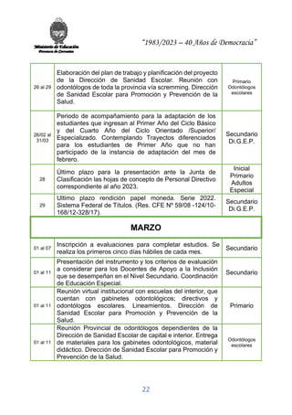 “1983/2023 – 40 Años de Democracia”
22
26 al 29
Elaboración del plan de trabajo y planificación del proyecto
de la Dirección de Sanidad Escolar. Reunión con
odontólogos de toda la provincia vía scremming. Dirección
de Sanidad Escolar para Promoción y Prevención de la
Salud.
Primario
Odontólogos
escolares
26/02 al
31/03
Periodo de acompañamiento para la adaptación de los
estudiantes que ingresan al Primer Año del Ciclo Básico
y del Cuarto Año del Ciclo Orientado /Superior/
Especializado. Contemplando Trayectos diferenciados
para los estudiantes de Primer Año que no han
participado de la instancia de adaptación del mes de
febrero.
Secundario
Di.G.E.P.
28
Último plazo para la presentación ante la Junta de
Clasificación las hojas de concepto de Personal Directivo
correspondiente al año 2023.
Inicial
Primario
Adultos
Especial
29
Ultimo plazo rendición papel moneda. Serie 2022.
Sistema Federal de Títulos. (Res. CFE Nº 59/08 -124/10-
168/12-328/17).
Secundario
Di.G.E.P.
MARZO
01 al 07
Inscripción a evaluaciones para completar estudios. Se
realiza los primeros cinco días hábiles de cada mes.
Secundario
01 al 11
Presentación del instrumento y los criterios de evaluación
a considerar para los Docentes de Apoyo a la Inclusión
que se desempeñan en el Nivel Secundario. Coordinación
de Educación Especial.
Secundario
01 al 11
Reunión virtual institucional con escuelas del interior, que
cuentan con gabinetes odontológicos; directivos y
odontólogos escolares. Lineamientos. Dirección de
Sanidad Escolar para Promoción y Prevención de la
Salud.
Primario
01 al 11
Reunión Provincial de odontólogos dependientes de la
Dirección de Sanidad Escolar de capital e interior. Entrega
de materiales para los gabinetes odontológicos, material
didáctico. Dirección de Sanidad Escolar para Promoción y
Prevención de la Salud.
Odontólogos
escolares
 