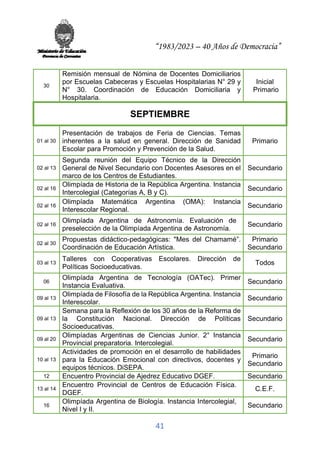 “1983/2023 – 40 Años de Democracia”
41
30
Remisión mensual de Nómina de Docentes Domiciliarios
por Escuelas Cabeceras y Escuelas Hospitalarias N° 29 y
N° 30. Coordinación de Educación Domiciliaria y
Hospitalaria.
Inicial
Primario
SEPTIEMBRE
01 al 30
Presentación de trabajos de Feria de Ciencias. Temas
inherentes a la salud en general. Dirección de Sanidad
Escolar para Promoción y Prevención de la Salud.
Primario
02 al 13
Segunda reunión del Equipo Técnico de la Dirección
General de Nivel Secundario con Docentes Asesores en el
marco de los Centros de Estudiantes.
Secundario
02 al 16
Olimpíada de Historia de la República Argentina. Instancia
Intercolegial (Categorías A, B y C).
Secundario
02 al 16
Olimpíada Matemática Argentina (OMA): Instancia
Interescolar Regional.
Secundario
02 al 16
Olimpíada Argentina de Astronomía. Evaluación de
preselección de la Olimpíada Argentina de Astronomía.
Secundario
02 al 30
Propuestas didáctico-pedagógicas: "Mes del Chamamé”.
Coordinación de Educación Artística.
Primario
Secundario
03 al 13
Talleres con Cooperativas Escolares. Dirección de
Políticas Socioeducativas.
Todos
06
Olimpíada Argentina de Tecnología (OATec). Primer
Instancia Evaluativa.
Secundario
09 al 13
Olimpíada de Filosofía de la República Argentina. Instancia
Interescolar.
Secundario
09 al 13
Semana para la Reflexión de los 30 años de la Reforma de
la Constitución Nacional. Dirección de Políticas
Socioeducativas.
Secundario
09 al 20
Olimpíadas Argentinas de Ciencias Junior. 2° Instancia
Provincial preparatoria. Intercolegial.
Secundario
10 al 13
Actividades de promoción en el desarrollo de habilidades
para la Educación Emocional con directivos, docentes y
equipos técnicos. DiSEPA.
Primario
Secundario
12 Encuentro Provincial de Ajedrez Educativo DGEF. Secundario
13 al 14
Encuentro Provincial de Centros de Educación Física.
DGEF.
C.E.F.
16
Olimpíada Argentina de Biología. Instancia Intercolegial,
Nivel I y II.
Secundario
 