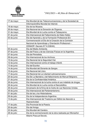 “1983/2023 – 40 Años de Democracia”
70
17 de mayo: Día Mundial de las Telecomunicaciones y de la Sociedad de
Información/Día Mundial de Internet.
18 de mayo: Día de los Museos.
30 de mayo: Día Nacional de la Donación de Órganos.
31 de mayo: Día Mundial de la Lucha contra el Tabaquismo.
01 de junio: Día Internacional del Fallecimiento de Helen Keller.
03 de junio: Día del Aprendiz y de la Formación Profesional (En
Conmemoración al Día de la Creación de la Comisión
Nacional de Aprendizaje y Orientación Profesional –
CENAOP- Decreto N°14.538/44).
05 de junio: Día del Medio Ambiente.
07 de junio: Día del Físico y de las Ciencias Físicas en la Argentina.
07 de junio: Día del Periodista.
09 de junio: Día Internacional de los Archivos.
10 de junio: Día Nacional de la Seguridad Vial.
12 de junio: Día Internacional contra el trabajo infantil.
13 de junio: Día del Escritor.
14 de junio: Día Mundial del Donante de Sangre.
15 de junio: Día Nacional del Libro.
17 de junio: Día Nacional de La Libertad Latinoamericana.
20 de junio: Día De La Bandera y del fallecimiento de Manuel Belgrano.
21 de junio: Día de la Confraternidad Antártica.
26 de junio: Día Internacional de la lucha contra el uso indebido de drogas.
26 de junio: Día Mundial de la Lucha contra el Narcotráfico.
26 de junio: Aniversario de la firma de la Carta de Las Naciones Unidas.
30 de junio: Día Internacional del Parlamentarismo.
01 de julio: Día de las y los Historiadores.
09 de julio: Día de la Independencia Argentina.
13 de julio: Día Internacional del Trastorno por Déficit de Atención e
Hiperactividad.
17 de julio: Día Provincial de la Poesía.
20 de julio: Día del Amigo.
22 de julio: Día Mundial del Cerebro.
28 de julio: Día de la conmemoración de la obra realizada por Monseñor
Alberto Pascual Devoto.
 