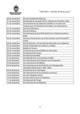 “1983/2023 – 40 Años de Democracia”
75
20 de noviembre: Día de la Soberanía Nacional.
21 de noviembre: Día Mundial en recuerdo de las víctimas por siniestros viales.
21 de noviembre: Día Universal de los Derechos del Niño en el marco del
Programa por los Derechos de la Niñez y la Adolescencia.
21 de noviembre: Día de la Enfermera.
22 de noviembre: Día de la Música.
25 de noviembre: Día Internacional de la Eliminación de la Violencia contra la
Mujer.
26 de noviembre: Día de la Convivencia y de la Paz Escolar (Ley Provincial Nº
6.045).
26 de noviembre: Día del Químico y de las Ciencias Químicas en la Argentina.
27 de noviembre: Día de la Educación de Jóvenes y Adultos.
27 de noviembre: Batalla de Vences.
28 de noviembre: Conmemoración de la Batalla de Caá Guazú.
30 de noviembre: Día Nacional del Teatro.
30 de noviembre: Día Nacional del Mate.
01 de diciembre: Día Mundial de la Lucha Contra el SIDA.
02 de diciembre: Día Internacional de la Abolición de la Esclavitud.
03 de diciembre: Día Internacional del Médico.
03 de diciembre: Día Internacional de las Personas con Discapacidad.
(Asamblea General de la ONU 1992).
09 de diciembre: Día Mundial de la Informática.
10 de diciembre: Día Internacional de los Derechos Humanos.
10 de diciembre: Día del Trabajador Social.
10 de diciembre: Día de la Democracia en Argentina.
11 de diciembre: Día Nacional del Tango.
18 de diciembre: Día Internacional del Migrante.
 