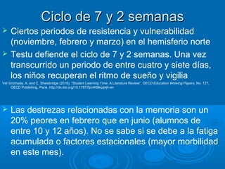Lo que sabemosLo que sabemos
 Lo ideal es un calendario con sieteLo ideal es un calendario con siete
semanas lectivas consecutivas seguidassemanas lectivas consecutivas seguidas
de dos de descanso (febrero es un mesde dos de descanso (febrero es un mes
en el que debe haber una pausa)en el que debe haber una pausa)
 Las vacaciones de verano son muy largasLas vacaciones de verano son muy largas
 Es lo habitual en parte de Europa, pero noEs lo habitual en parte de Europa, pero no
en toda ellaen toda ella
 