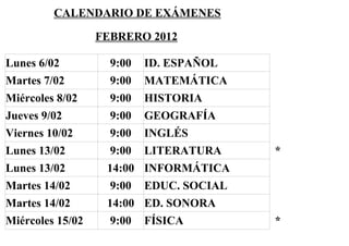 Calendario exám. febrero 2012
