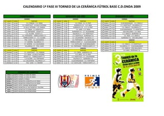 CALENDARIO 1ª FASE III TORNEO DE LA CERÁMICA FÚTBOL BASE C.D.ONDA 2009

                    PREBENJAMIN                                              BENJAMIN 1ER AÑO                                                  BENJAMIN 2º AÑO
                          VIERNES                                                     VIERNES                                                       VIERNES
G CAMPO HORA                           PARTIDO               G   CAMPO     HORA                    PARTIDO               G   CAMPO     HORA                      PARTIDO
                              C.D. PANDAS - C.D. ONDA                                      C.D. ONDA - A.E. EL PRAT                                CLUB BANSANDER - C.D. ONDA A
A COSA 1 14:50                                               A   SERRA 2   11:30                                         A   SERRA 1   13:10
                       C.E. HOSPITALET - LA SALLE PATERNA                                ALBORAYA U.D. - U.D. IBIZA                                C.E. HOSPITALET - VILLARREAL C.F.
A COSA 1 16:30                                               A   SERRA 2   13:10                                         A   ORANGE    13:40
                         LA SALLE PATERNA - C.D. PANDAS                                 ALBORAYA U.D. - A..E. EL PRAT                                C.D. ONDA A - VILLARREAL C.F.
A COSA 1 18:10                                               A   ORANGE    17:00                                         A   SERRA 1   16:30
                             C.D. ONDA - C.E.HOSPITALET                                     U.D. IBIZA - C.D. ONDA                                CLUB BANSANDER - C.E.HOSPITALET
A COSA 1 19:50                                               A   SERRA 2   17:20                                         A   ORANGE    17:50
                            S.D. PORTMANY - SEDAVÍ U.E.                               BURRIANA F.B. - E.F. VALDEMORO                                   CIDE MALLORCA - S.D. IBIZA
B SERRA 1 11:30                                              B   SERRA 2   14:00                                         B   SERRA 1   12:20
                              C.D. ALCORA - SEDAVÍ U.E.                                VALENCIA C.F. - C.E. HOSPITALET                                C.D. ONDA B - BURRIANA F.B.
B COSA 1 13:10                                               B   SERRA 2   14:50                                         B   SERRA 1   14:00
                       S.D. PORTMANY - TORRELEVANTE C.F.                              C.E. HOSPITALET - BURRIANA F.B.                                    S.D. IBIZA - C.D. ONDA B
B ORANGE 14:30                                               B   SERRA 2   18:10                                         B   SERRA 1   17:20
                         TORRELEVANTE C.F. - C.D. ALCORA                              E.F. VALDEMORO - VALENCIA C.F.                                BURRIANA F.B. - CIDE MALLORCA
B COSA 1 20:40                                               B   SERRA 1   19:50                                         B   ORANGE    19:40
                           POLI. EJIDO - C.D. SALESIANOS                              S.D. PORTMANY - C.D. CASTELLÓN
C COSA 1 12:20                                               C   SERRA 2   15:40                                                                                 SABADO
                           E.F. MORÓN - VILLARREAL C.F.                            TORRELEVANTE C.F. - CLUB BANSANDER
C COSA 2 14:50                                               C   SERRA 2   16:30                                         G   CAMPO     HORA                      PARTIDO
                          E.F. MORÓN - C.D. SALESIANOS                               C.D. CASTELLÓN - CLUB BANSANDER                                 C.D. ONDA A - C.E.HOSPITALET
C COSA 1 17:20                                               C   SERRA 2   19:00                                         A   SERRA1     9:30
                            VILLARREAL C.F. - POLI. EJIDO                           S.D. PORTMANY - TORRELEVANTE C.F.                             VILLARREAL C.F. - CLUB BANSANDER
C COSA 1 19:00                                               C   SERRA 2   19:50                                         A   SERRA1    10:20
                                                                                                                                                     C.D. ONDA B - CIDE MALLORCA
                                                                                                                         B   SERRA1    11:10
                                       SABADO                                                      SABADO
                                                                                                                                                        S.D. IBIZA - BURRIANA F.B.
G CAMPO HORA                           PARTIDO               G   CAMPO     HORA                    PARTIDO               B   SERRA1    12:00
                           C.E. HOSPITALET - C.D. PANDAS                                 C.D. ONDA - ALBORAYA U.D.
A ORANGE 12:00                                               A   SERRA 2    9:30
                           C.D. ONDA - LA SALLE PATERNA                                    U.D. IBIZA - A.E. EL PRAT
A COSA 1 12:00                                               A   SERRA 2   12:00
                         SEDAVÍ U.E. - TORRELEVANTE C.F.                             C.E. HOSPITALET - E.F. VALDEMORO
B COSA 1 10:20                                               B   ORANGE    10:20
                           C.D.ALCORA - S.D. PORTMANY                                   VALENCIA C.F. - BURRIANA F.B.
B COSA 1 11:10                                               B   SERRA 2   10:20
                         C.D. SALESIANOS - VILLARREAL C.F.                           CLUB BANSANDER - S.D. PORTMANY
C COSA 1 12:50                                               C   ORANGE    11:10
                              POLI. EJIDO - E.F. MORÓN                              C.D. CASTELLÓN - TORRELEVANTE C.F.
C ORANGE 12:50                                               C   SERRA 2   12:50




                  CÓDIGO DE CAMPOS
            CAMPO FÚTBOL LA COSA DE ONDA
  COSA 1
            CAMPO FÚTBOL LA COSA DE ONDA
  COSA 2
            CAMPO OLÍMPIC D'ONDA
  OLÍMPIC
            CAMPO MUNICIPAL SERRATELLA DE ONDA
  SERRA 1
            CAMPO MUNICIPAL SERRATELLA DE ONDA
  SERRA 2
            CAMPO HOTEL ORANGE BENICASSIM
  ORANGE
            CAMPO MUNICIPAL EL SALTADOR DE L'ALCORA
  ALCORA
            CAMPO MUNICIPAL DE BENICASSIM
   BENI 1
            CAMPO MUNICIPAL DE BENICASSIM
   BENI 2
 