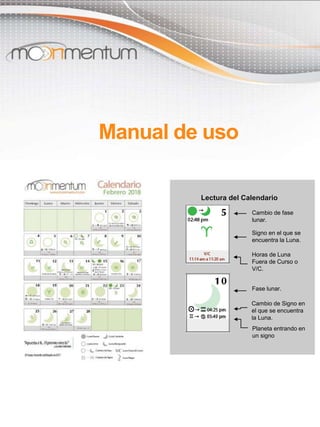Lectura del Calendario
Manual de uso
Cambio de fase
lunar.
Signo en el que se
encuentra la Luna.
Horas de Luna
Fuera de Curso o
V/C.
Cambio de Signo en
el que se encuentra
la Luna.
Fase lunar.
Planeta entrando en
un signo
 
